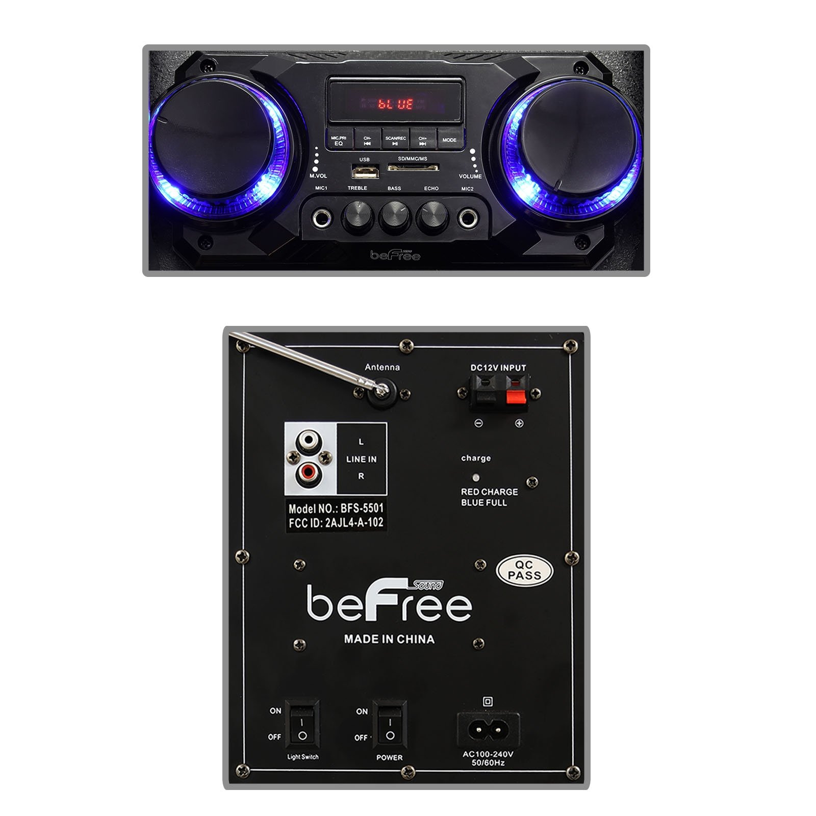 beFree Sound Double 10 Inch Subwoofer - Portable Bluetooth Party Speaker with Reactive LED Lights | Powerful Bass for Outdoor Events, Home Theater & DJ Performances