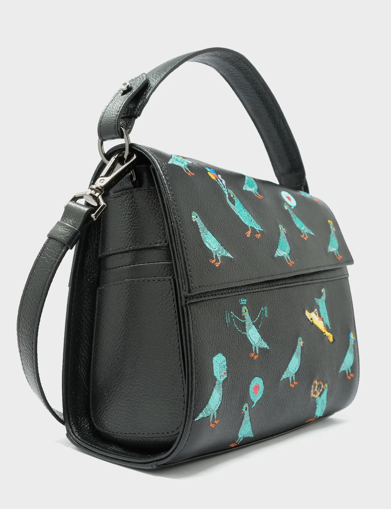 Anastasio Mini Crossbody Handbag - Black Genuine Leather with Pigeonista Embroidery | Stylish & Compact Purse for Women | Perfect for Everyday Use, Travel & Date Nights