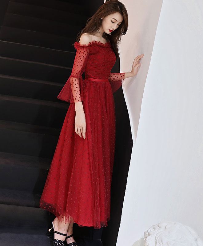 Elegant Burgundy Tulle Lace Tea-Length Prom Dress | A-Line Evening Gown for Homecoming, Wedding Guest & Formal Events