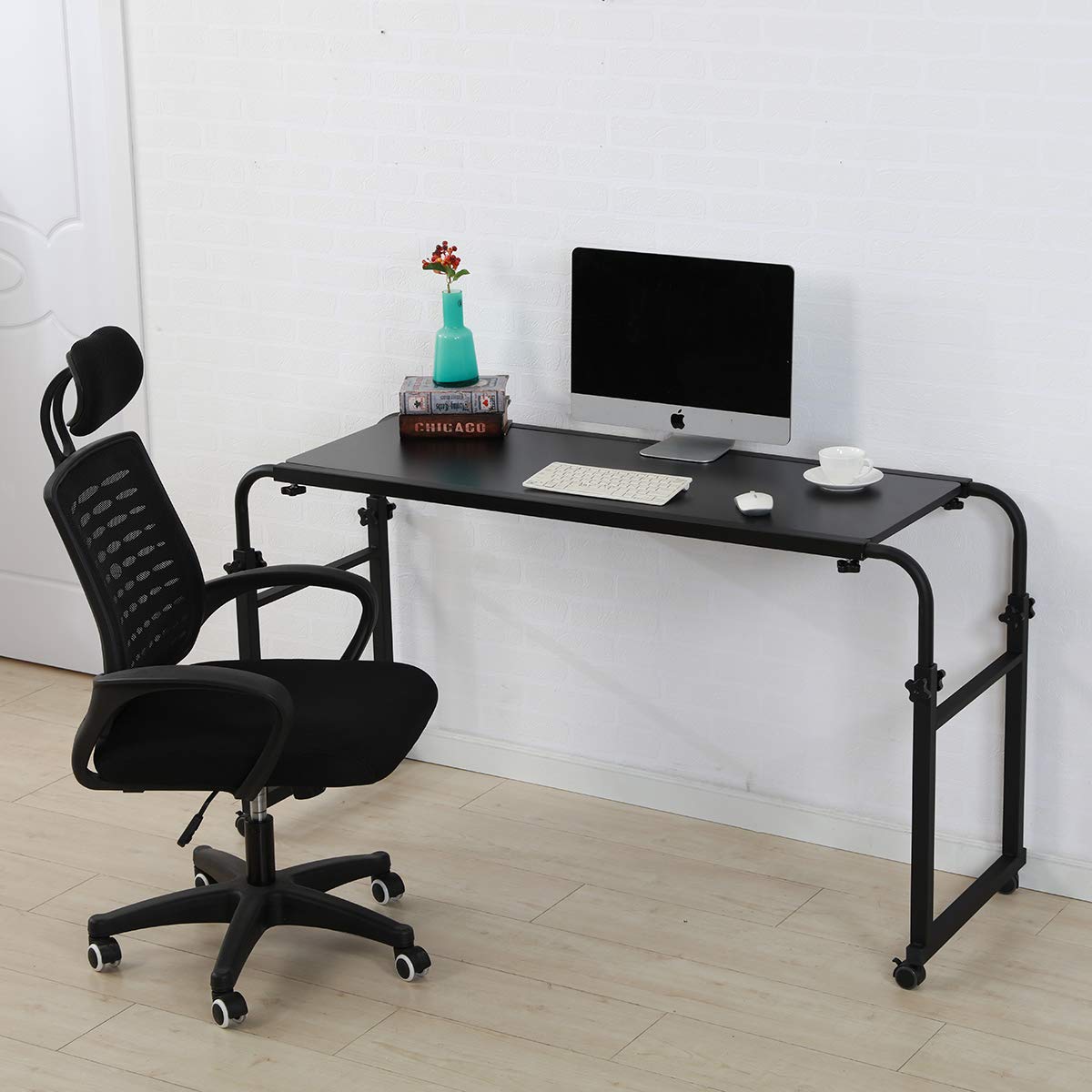 Adjustable Overbed Table with Wheels - Rolling Laptop Desk for King/Queen Beds, Portable Hospital Bed Table (Black) - Perfect for Home Office, Hospital Use & Bedside Workspace