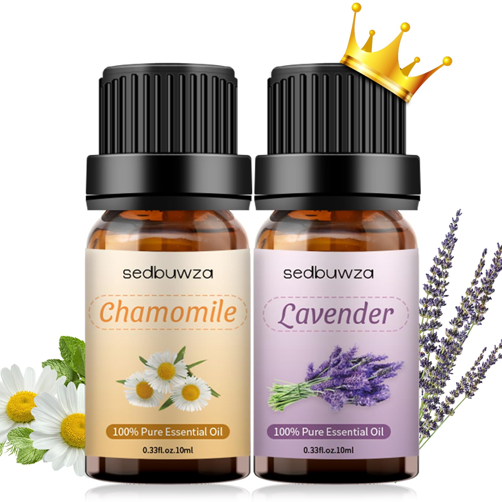 Sedbuwza Lavender Chamomile Essential Oil Set - 2 x 10ml Pure Aromatherapy Oils for Diffusers, Massage, Soap & Candle Making | Relaxing Scent for Stress Relief & Better Sleep