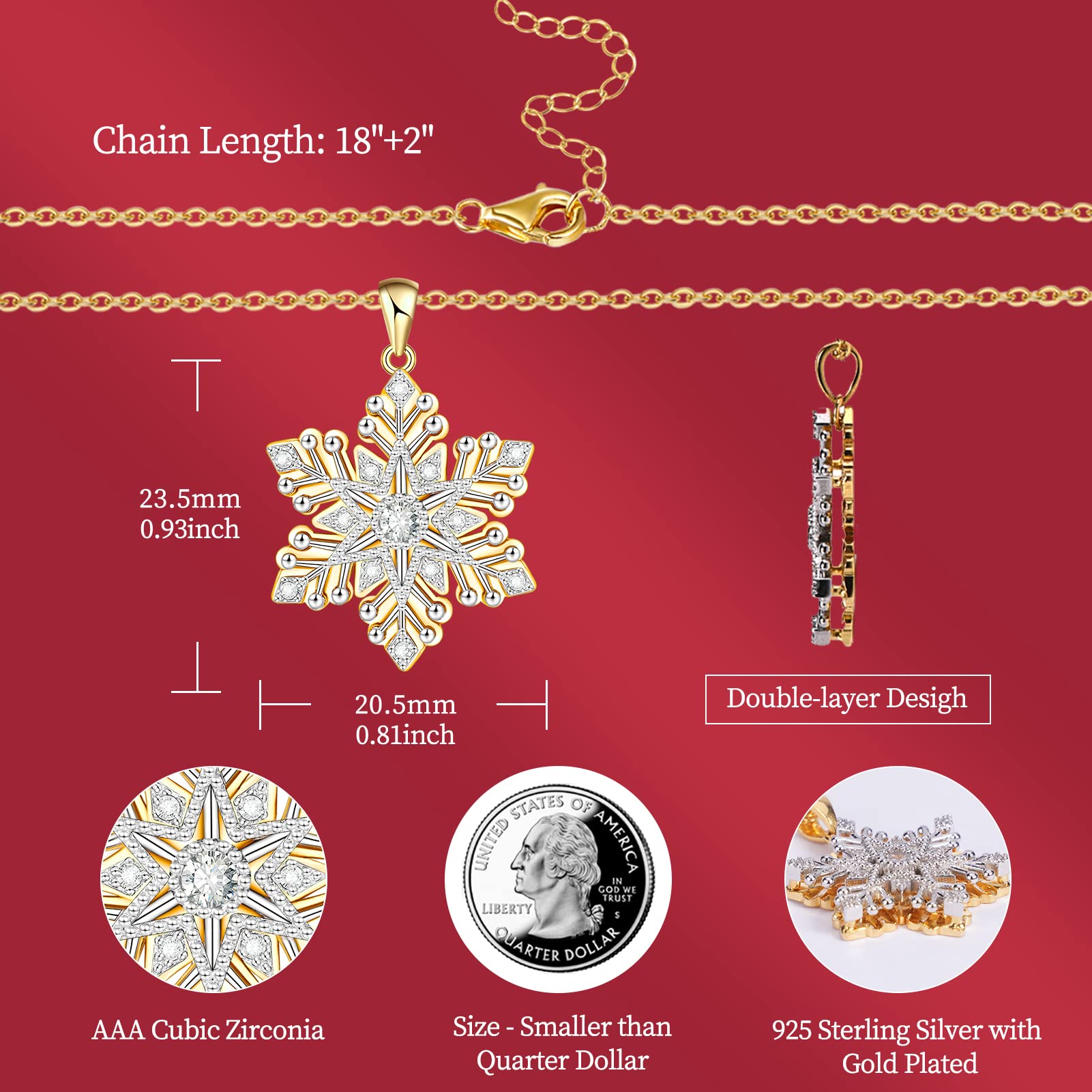 925 Sterling Silver Snowflake Necklace for Women - Elegant Gold Snowflake Pendant Jewelry, Perfect Christmas Gift for Mom, Wife, Girlfriend | Anniversary, Birthday & Mother's Day Present | Winter Holiday & Party Accessory