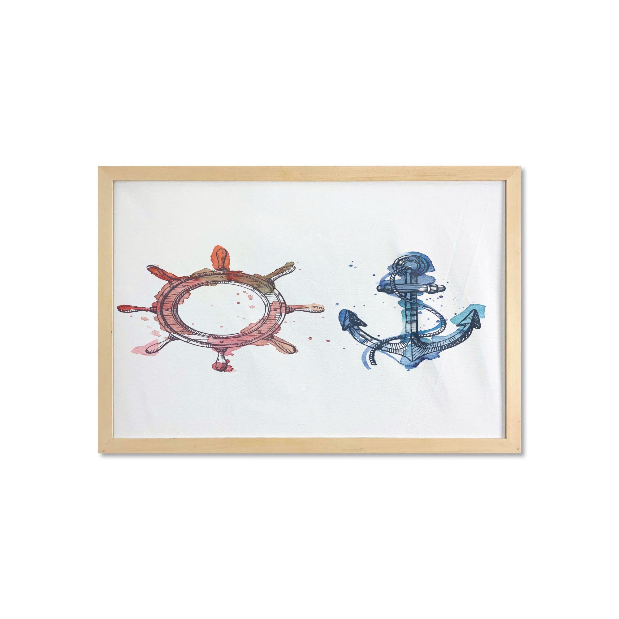 Ambesonne Nautical Wall Art with Frame - Anchor & Steering Wheel Watercolor Painting, Ink Brush Effect Printed Fabric Poster for Bathroom, Living Room, Dorm Decor - 35