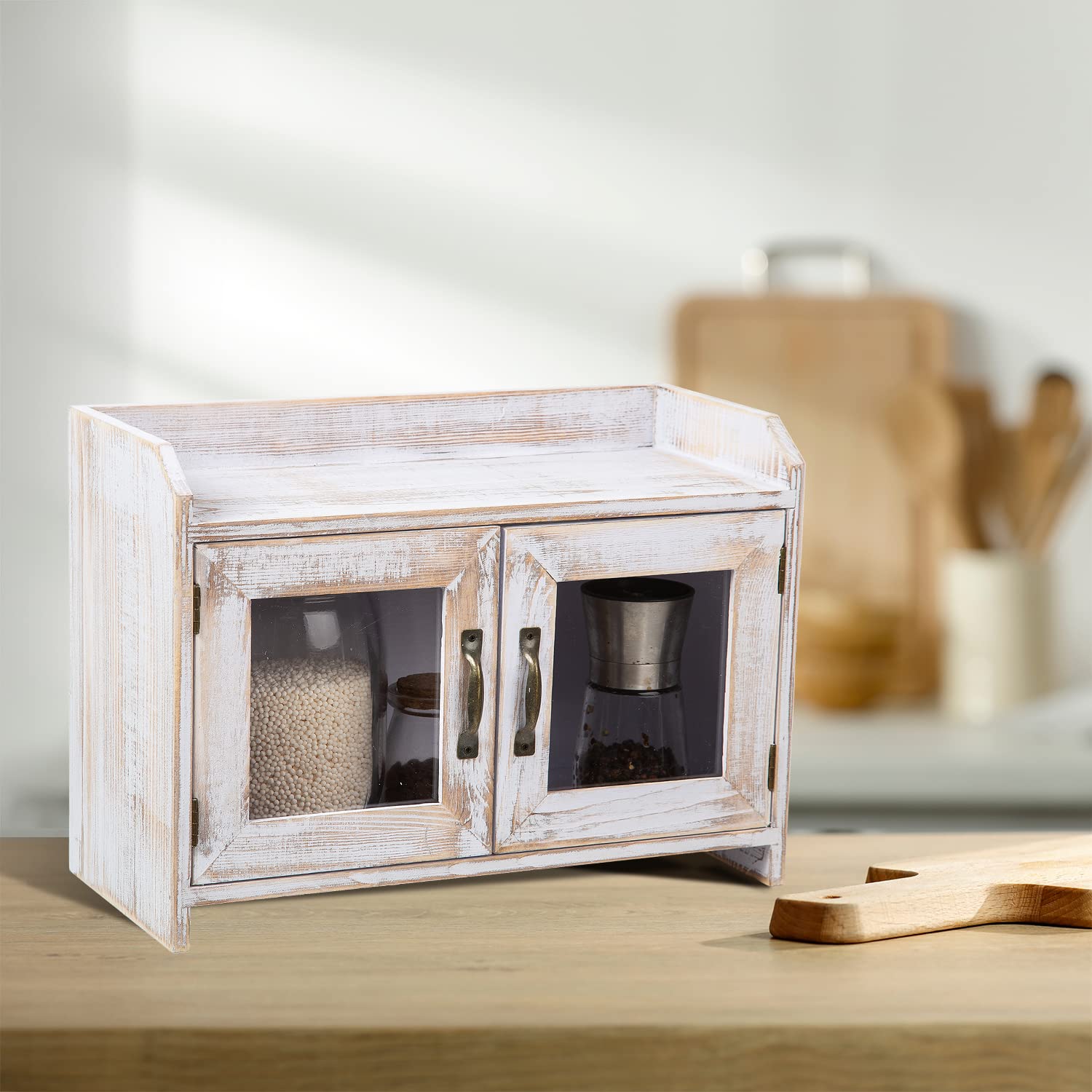 Rustic White Wood Countertop Storage Cabinet with Glass Doors - Farmhouse Style Organizer Shelf for Kitchen, Bathroom & Vanity - Perfect for Spice Racks, Makeup Storage & Small Item Organization