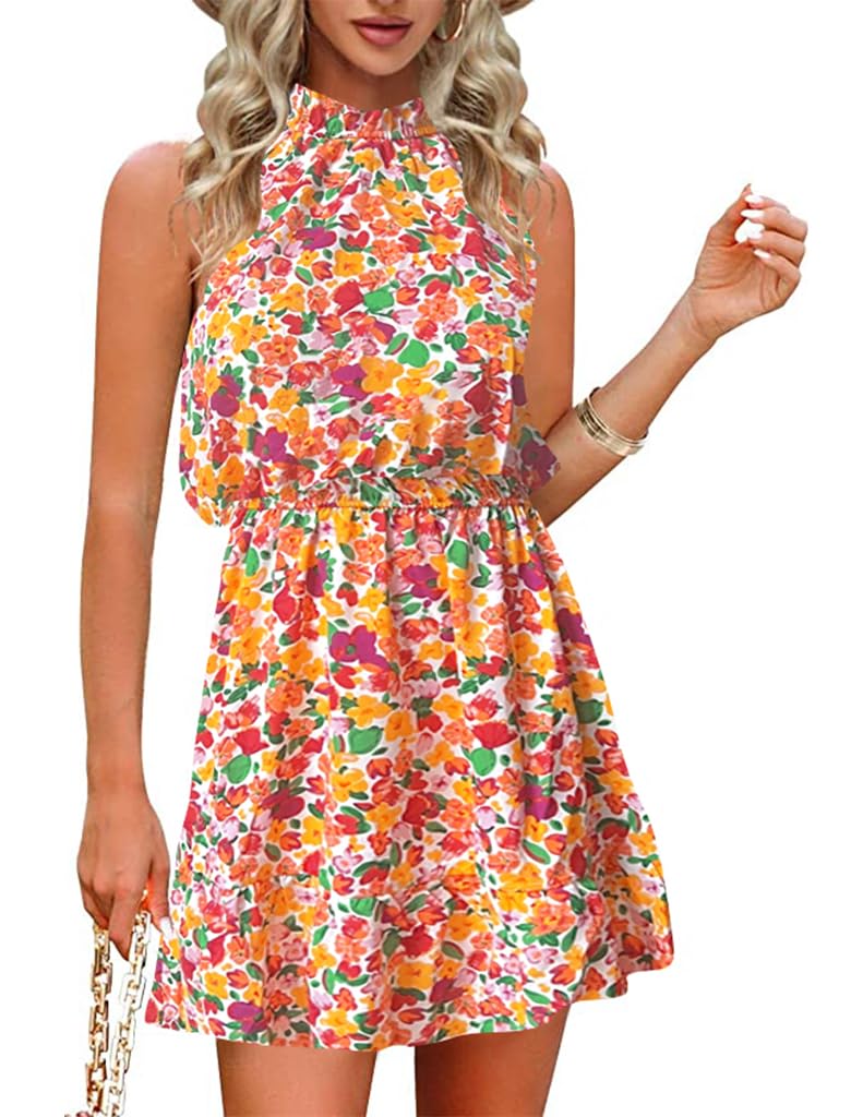Locryz Women's Summer Floral Sun Dress - Sleeveless Halter Neck Casual Swing Pleated Dress for Beach, Party & Vacation | Perfect for Outdoor Events, Tropical Getaways and Summer Weddings