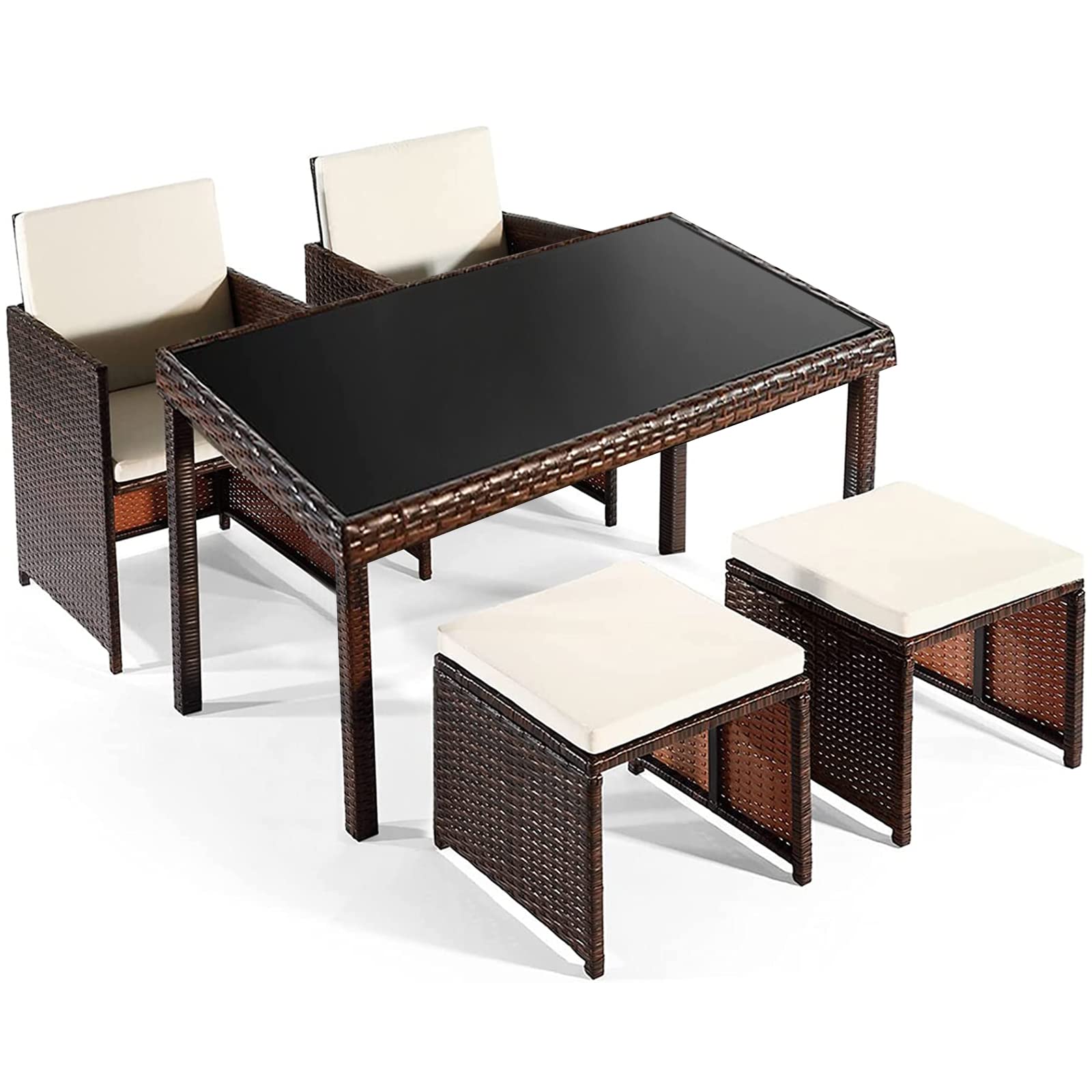 COSVALVE 5-Piece Wicker Patio Furniture Set with Tempered Glass Table & Ottoman - Space-Saving Outdoor Dining Set for Garden, Backyard, Balcony, Poolside | Perfect for Relaxing, Entertaining & Outdoor Gatherings