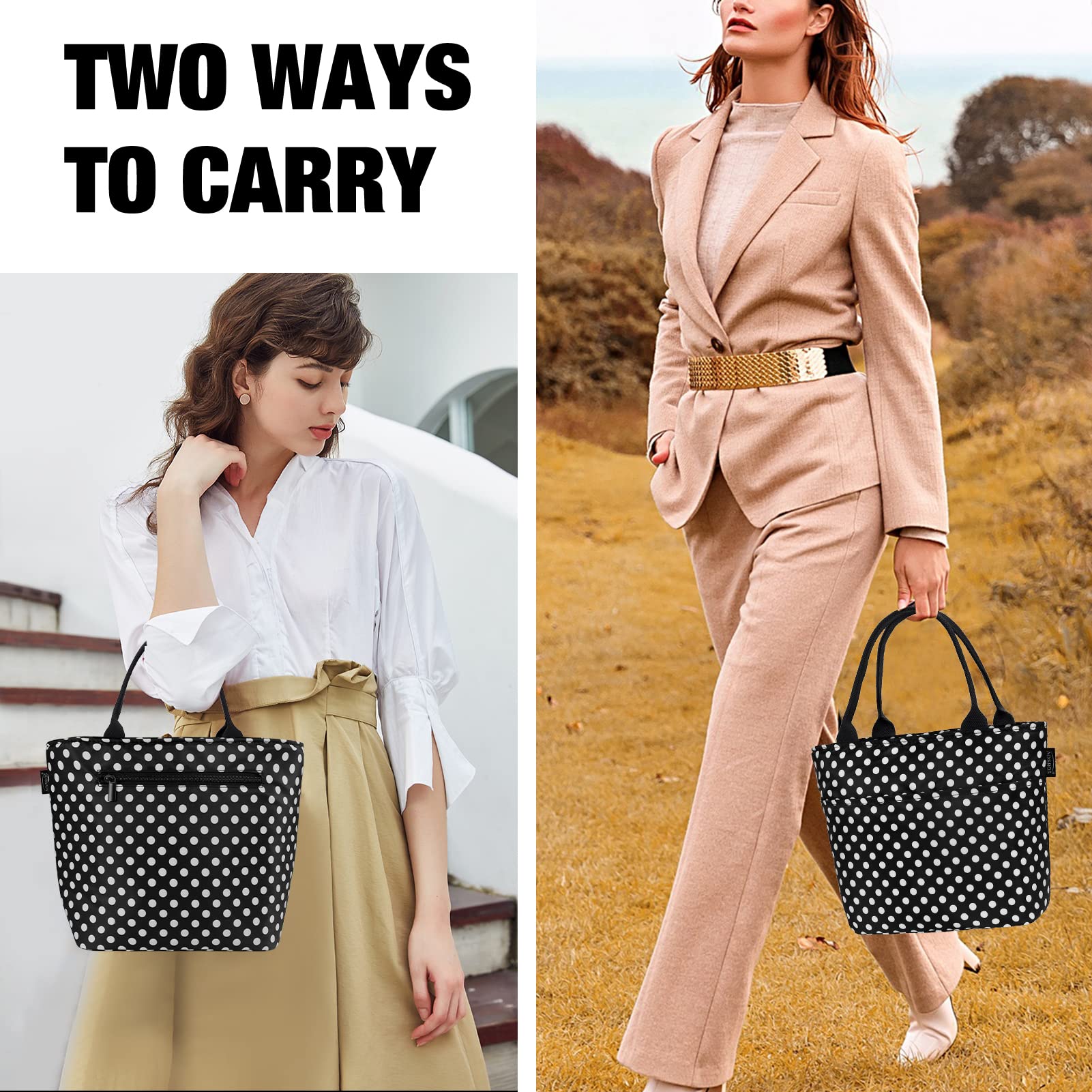 Aosbos Insulated Lunch Box for Women - Stylish Black Polka Dot Lunch Bag for Adults, Meal Prep Tote, Bento Box & Portable Cooler Bag - Perfect for Work, School, Picnics & Outdoor Activities