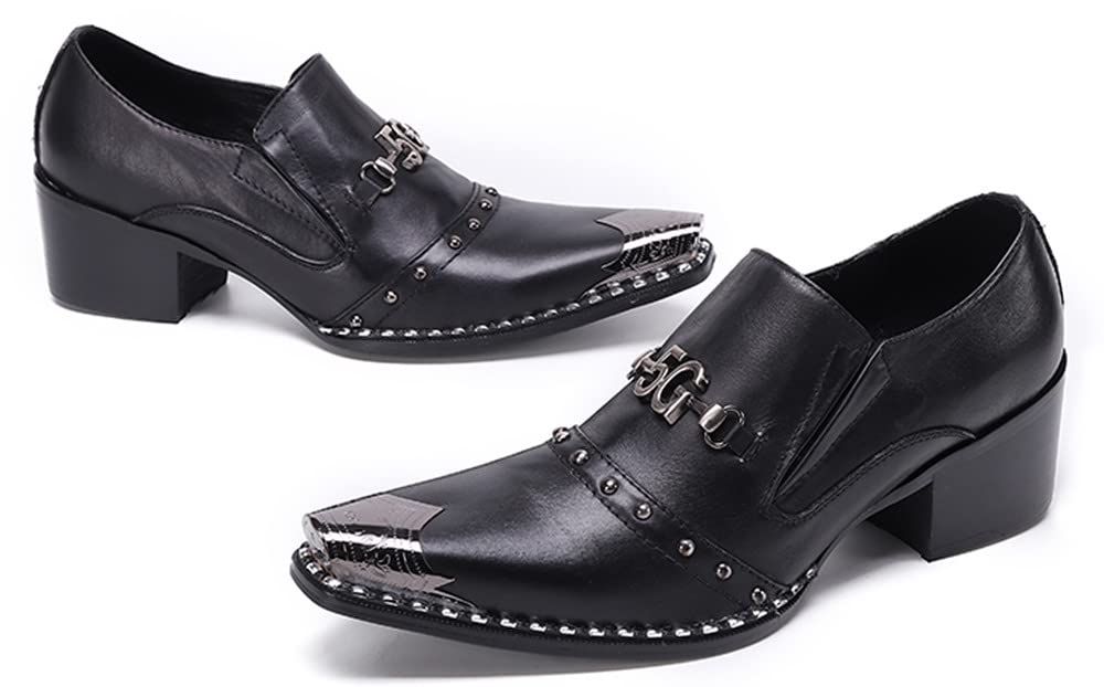 Santimon Men's Genuine Leather Loafers with Stacked Heel & Metal Cap Toe - Classic Snaffle Bit Design for Formal Wear, Business Meetings & Wedding Attire