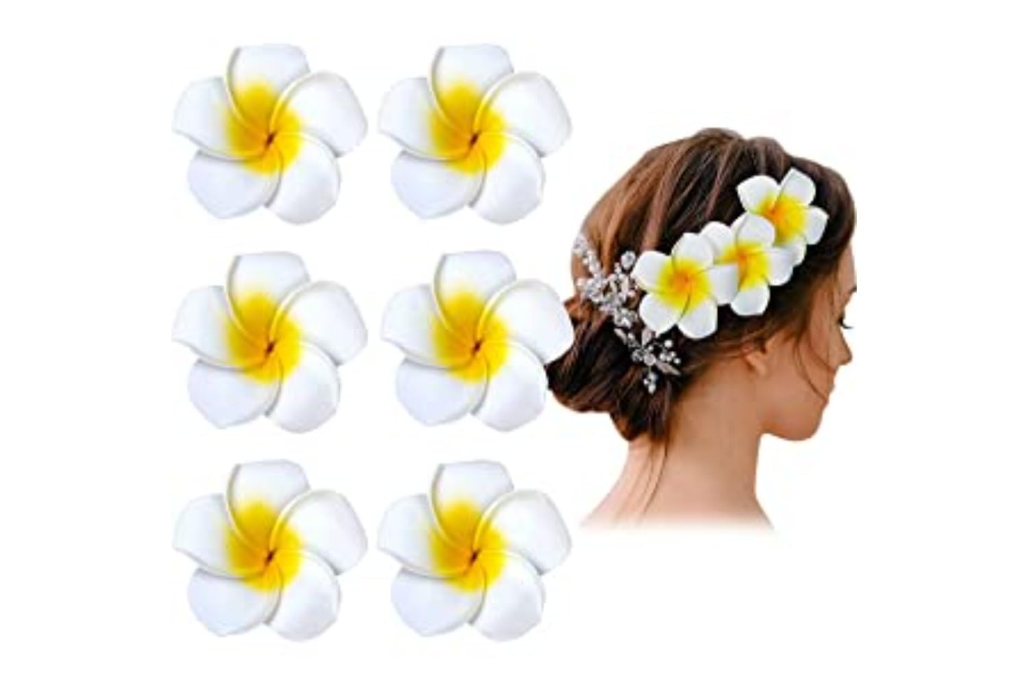 ALIBA COLLECTION 6-Piece Plumeria Foam Hair Clips for Women & Girls - Hawaiian Flower Hair Accessories in White & Yellow - Perfect for Beach Parties, Weddings & Summer Styling