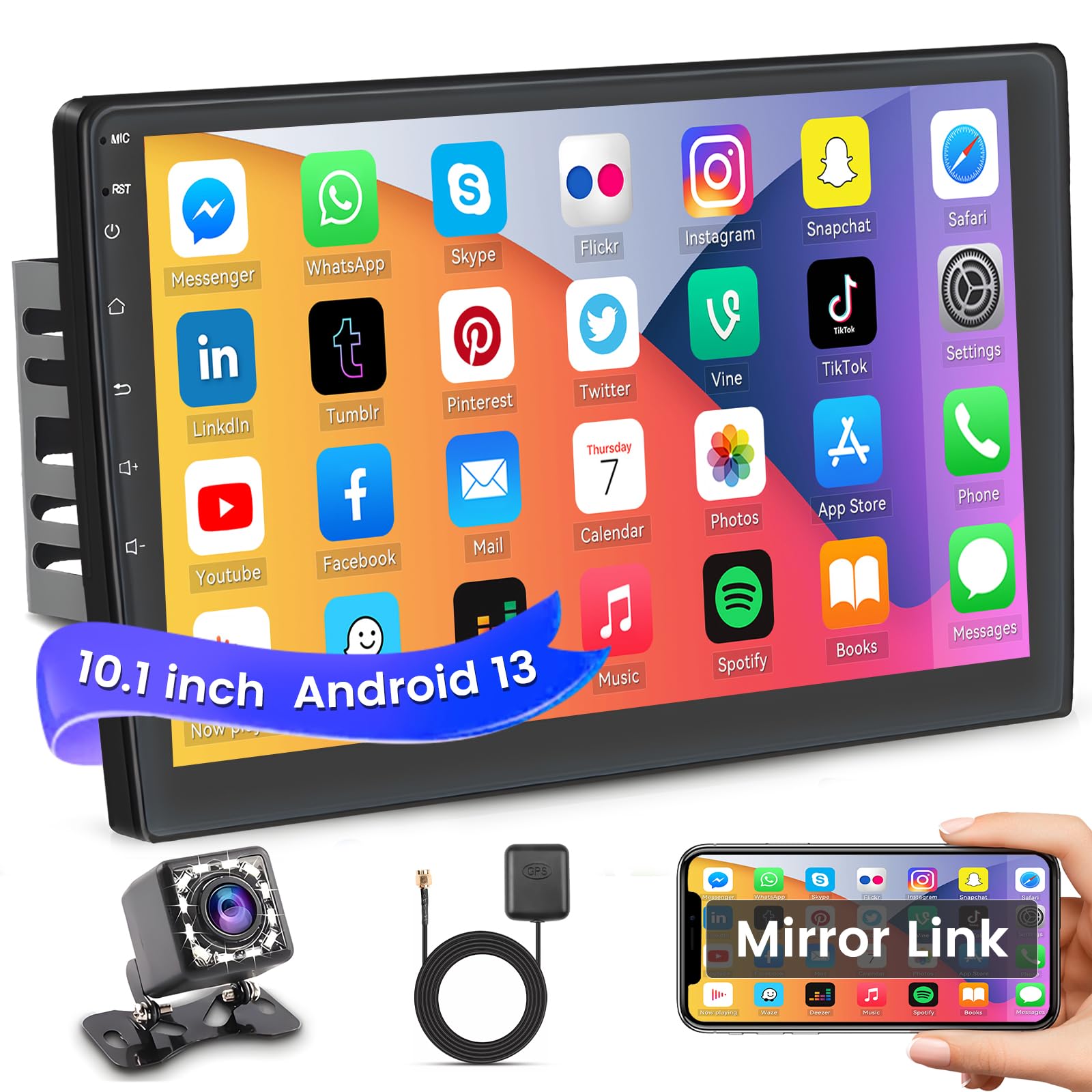 Hikity 10.1 Inch Android Car Stereo - Double Din Touch Screen with WiFi, Bluetooth, GPS Navigation, FM Radio & Mirror Link for Android/iOS - Includes 12 LED Lights & HD Rear View Camera - Perfect for Car Upgrades & Enhanced Driving Experience