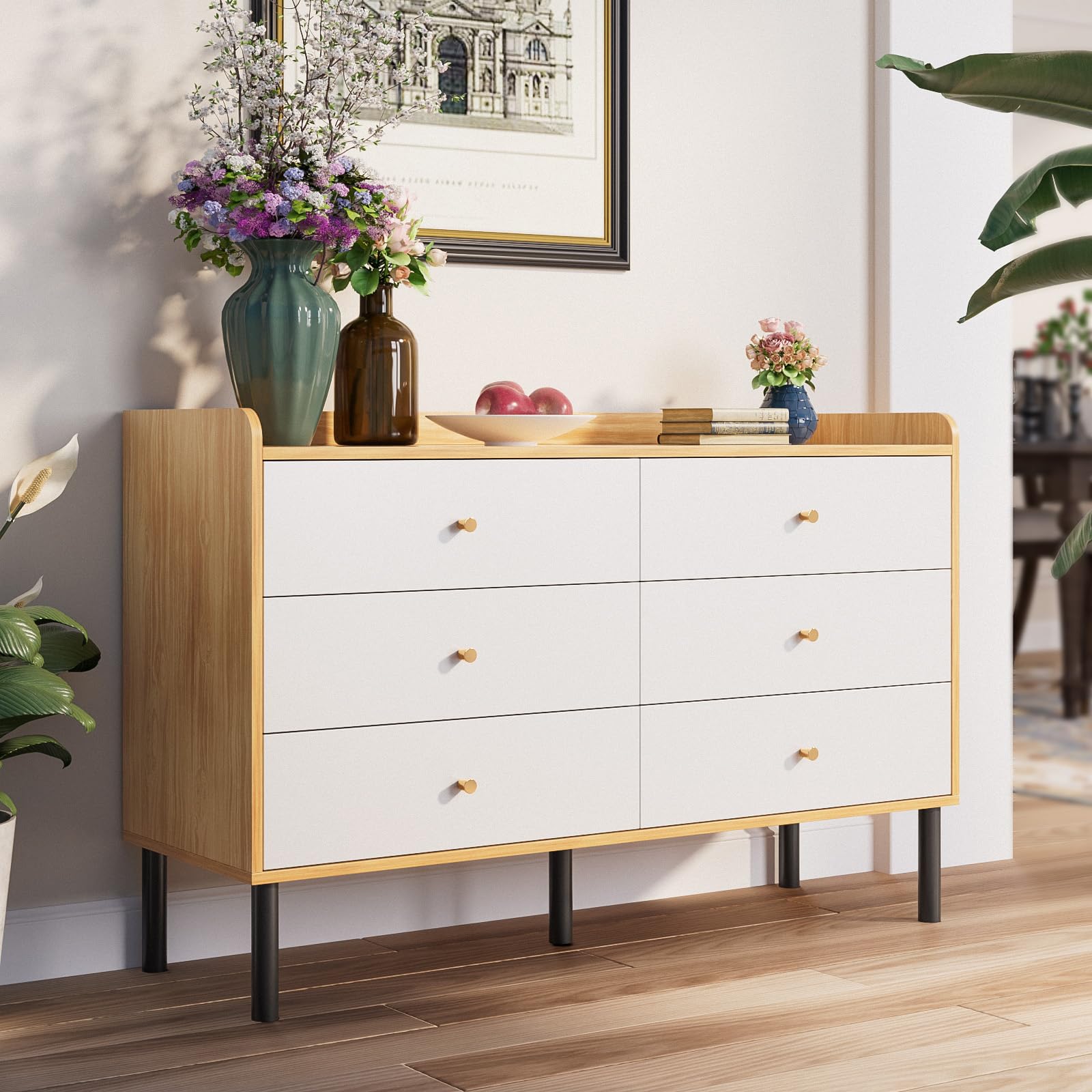 LYNSOM 6-Drawer Natural Wood Dresser for Bedroom - Modern Wide Drawer Storage with Metal Handles - Sturdy Chest of Drawers for Hallway, Entryway, Living Room & Bedroom Organization