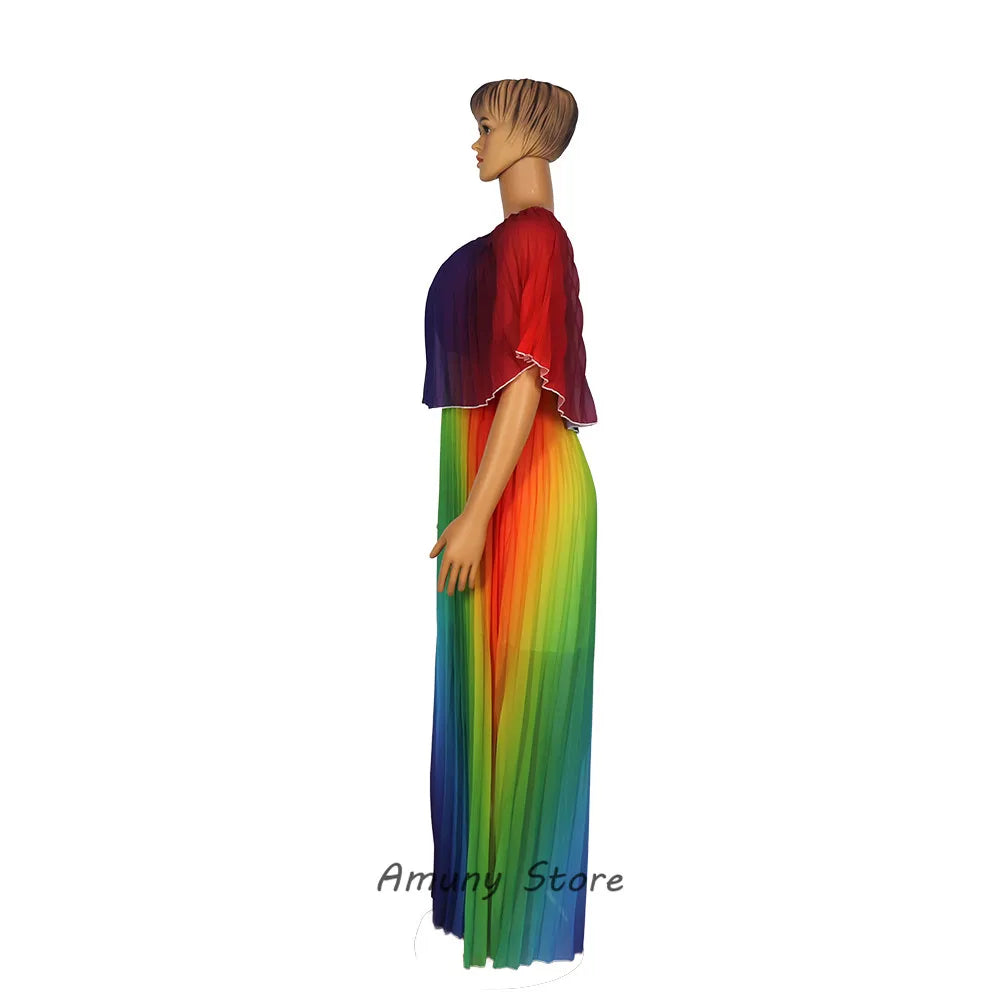 African Print Maxi Dress for Women - Off Shoulder Loose Fit Plus Size Rainbow Pleated Long Dress - Perfect for Beach, Vacation, and Summer Parties