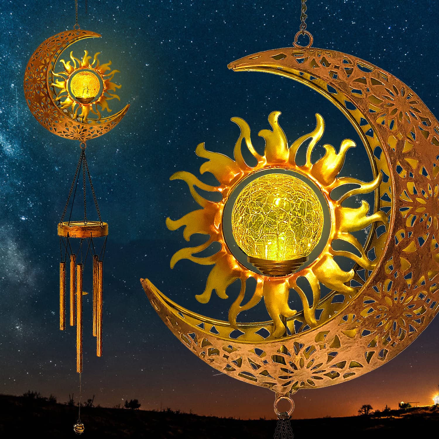 Solar Powered Wind Chimes with LED Lights - Waterproof Outdoor Hanging Decor for Garden, Patio, Yard - Cracked Glass Ball Moon & Sun Design - Perfect Gift for Women, Birthday, Housewarming - Creates Relaxing Ambience for Evening Gatherings & Meditation Spaces
