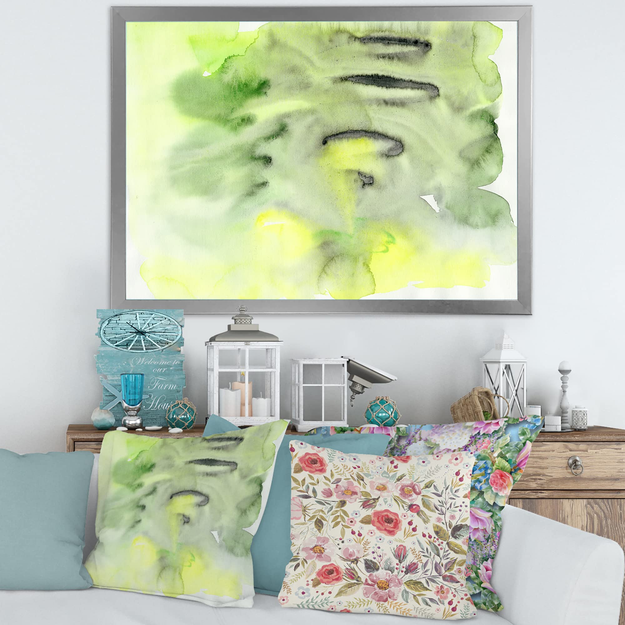 Abstract Pond Green Yellow Modern Framed Wall Art - Contemporary Home Decor for Living Room, Bedroom & Office