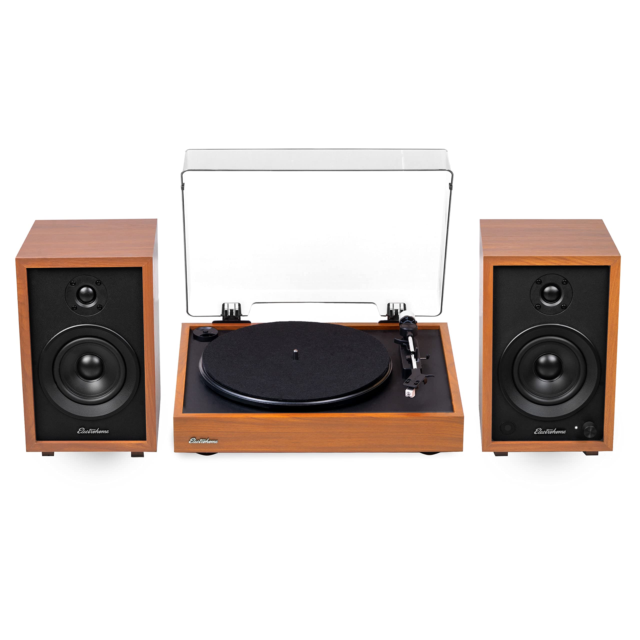 Electrohome Montrose Vintage Bluetooth Record Player with Audio-Technica Stylus & Bookshelf Speakers - Belt-Drive Turntable, Built-in Preamp, Speed Control, Wood Base - Perfect for Home Entertainment & Vinyl Collection Display