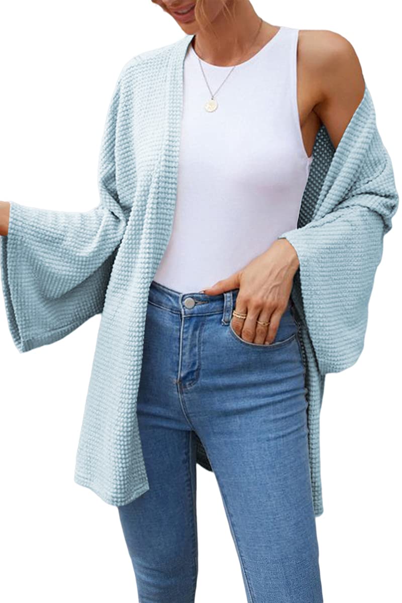 Grlasen Women's Long Bell Sleeve Open Front Waffle Knit Oversized Cardigan Sweater Coat - Cozy Fall Winter Layering Piece for Office, Date Night & Casual Outfits