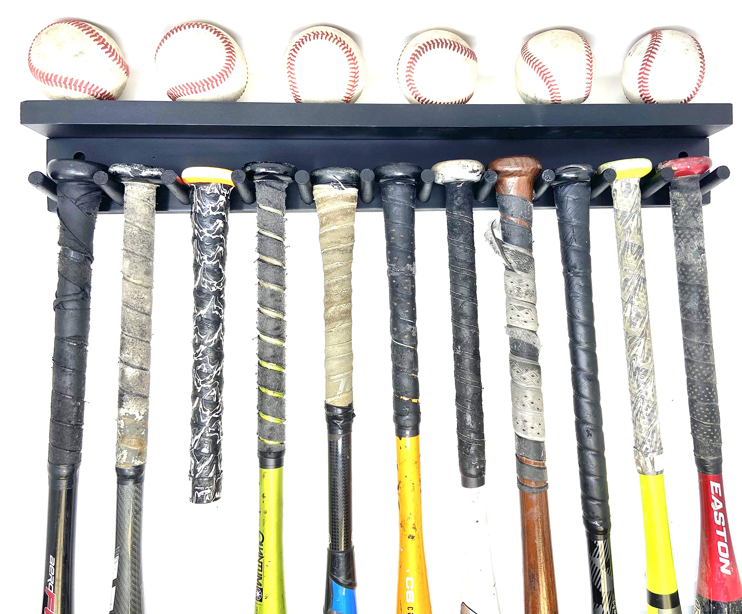 11-Slot Heavy Duty Baseball & Softball Bat Rack with 6-Ball Storage - Wall Mounted Trophy Display Shelf for Sports Awards Organization - Perfect for Dugouts, Clubhouses & Home Garages