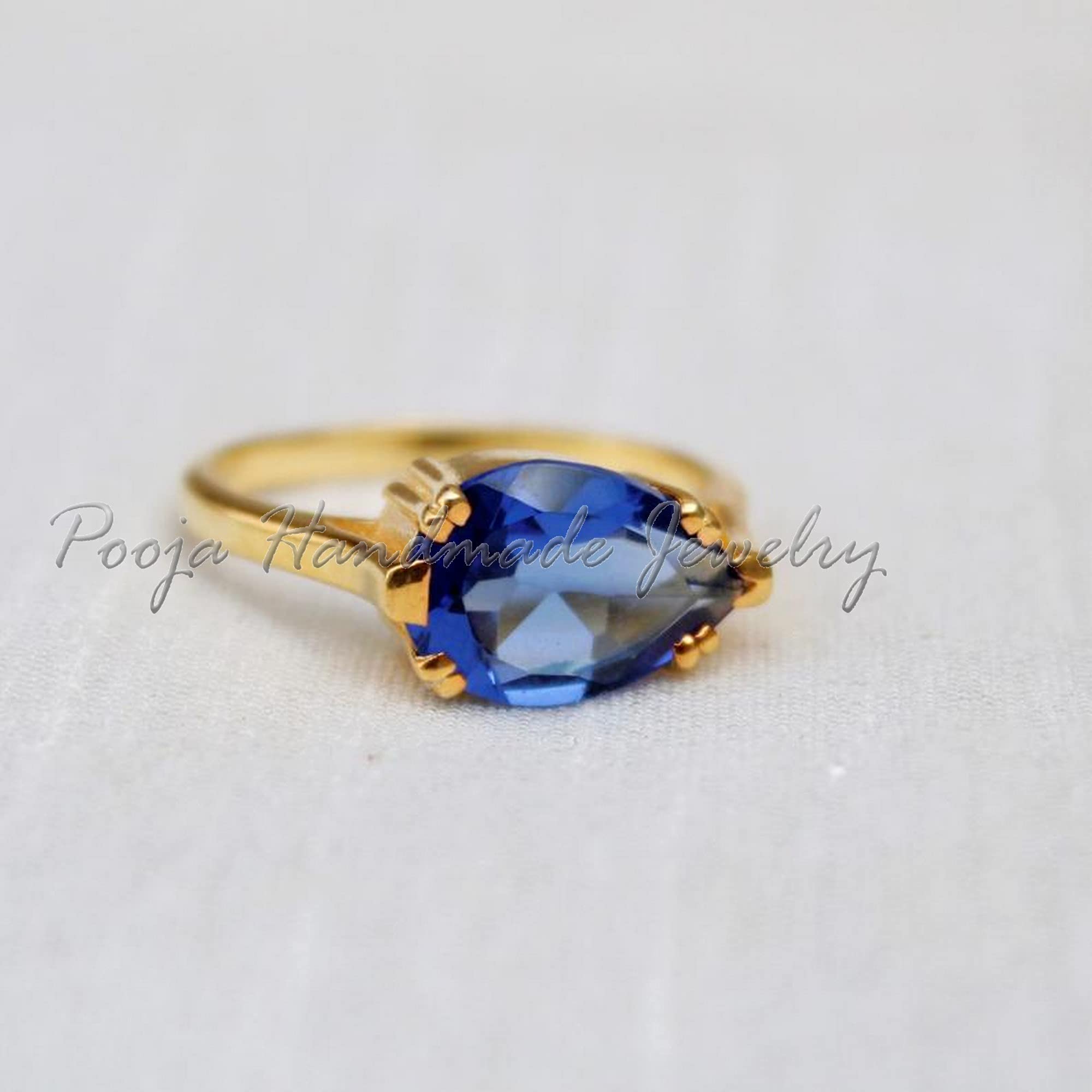 925 Sterling Silver Iolite Ring - Gold Plated Pear Cut Iolite Stackable Ring for Women, Minimalist Bohemian Engagement & Promise Ring, September Birthstone Jewelry - Perfect for Weddings, Anniversaries & Everyday Wear