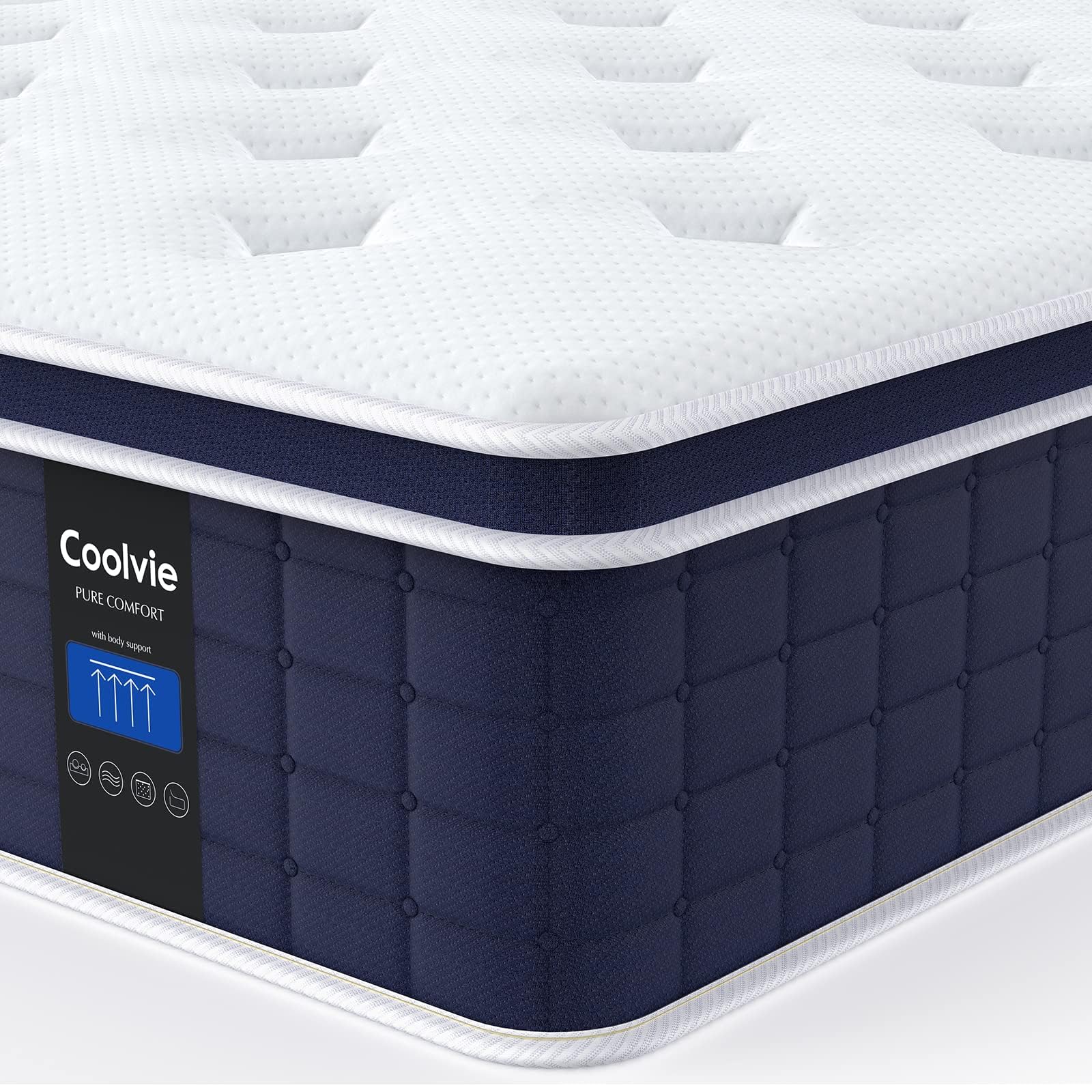 Coolvie 12 Inch Queen Size Hybrid Mattress - Firm Support with Strong Coils for Lumbar & Hip Relief, Cooling Knit Fabric Cover, CertiPUR-US Certified (80x60x12) - Perfect for Back Sleepers & Hot Sleepers, Bedroom Upgrade in a Box