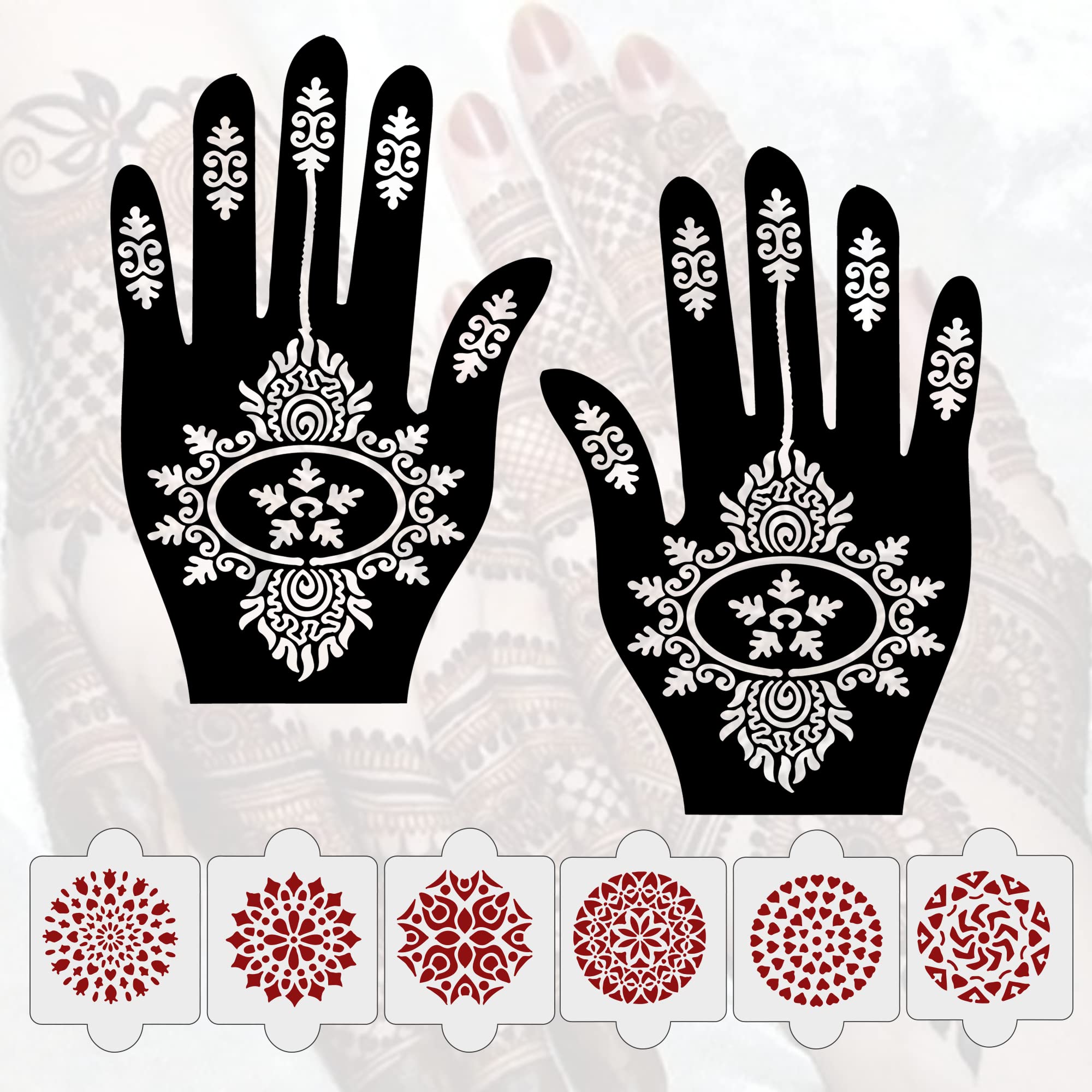 8 Pcs Henna Tattoo Stencil Kit - 2 Pcs Henna Stencils + 6 Pcs Reusable PVC Mehandi Templates for Women, Girls & Kids | Easy DIY Body Art for Parties, Weddings & Festivals (IVH-84)