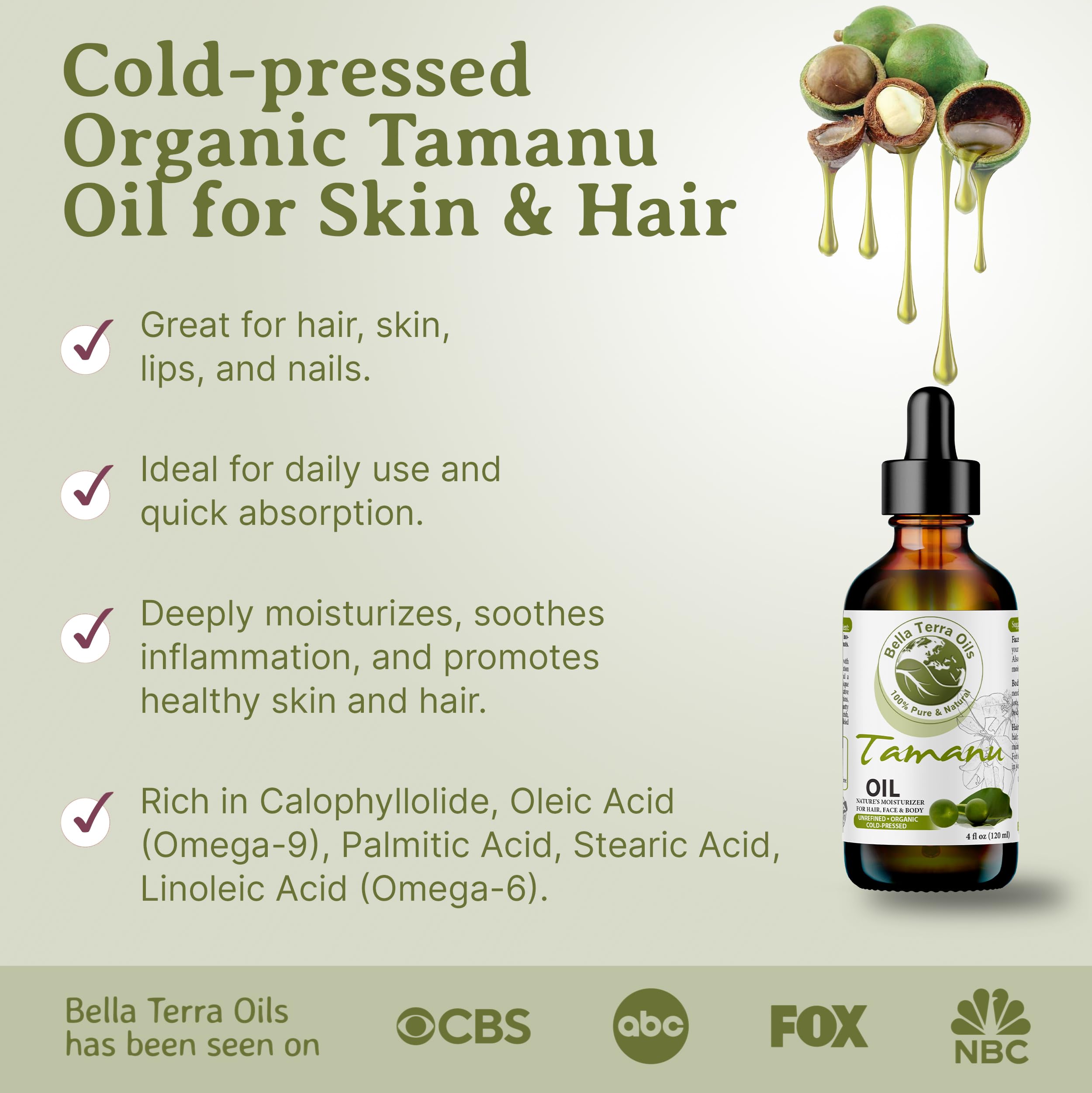 Organic Tamanu Oil 16oz by Bella Terra - 100% Pure Cold-Pressed for Radiant Skin & Hair - Rich in Nutrients & Vitamins - Perfect for Skincare, Hair Care & Natural Remedies