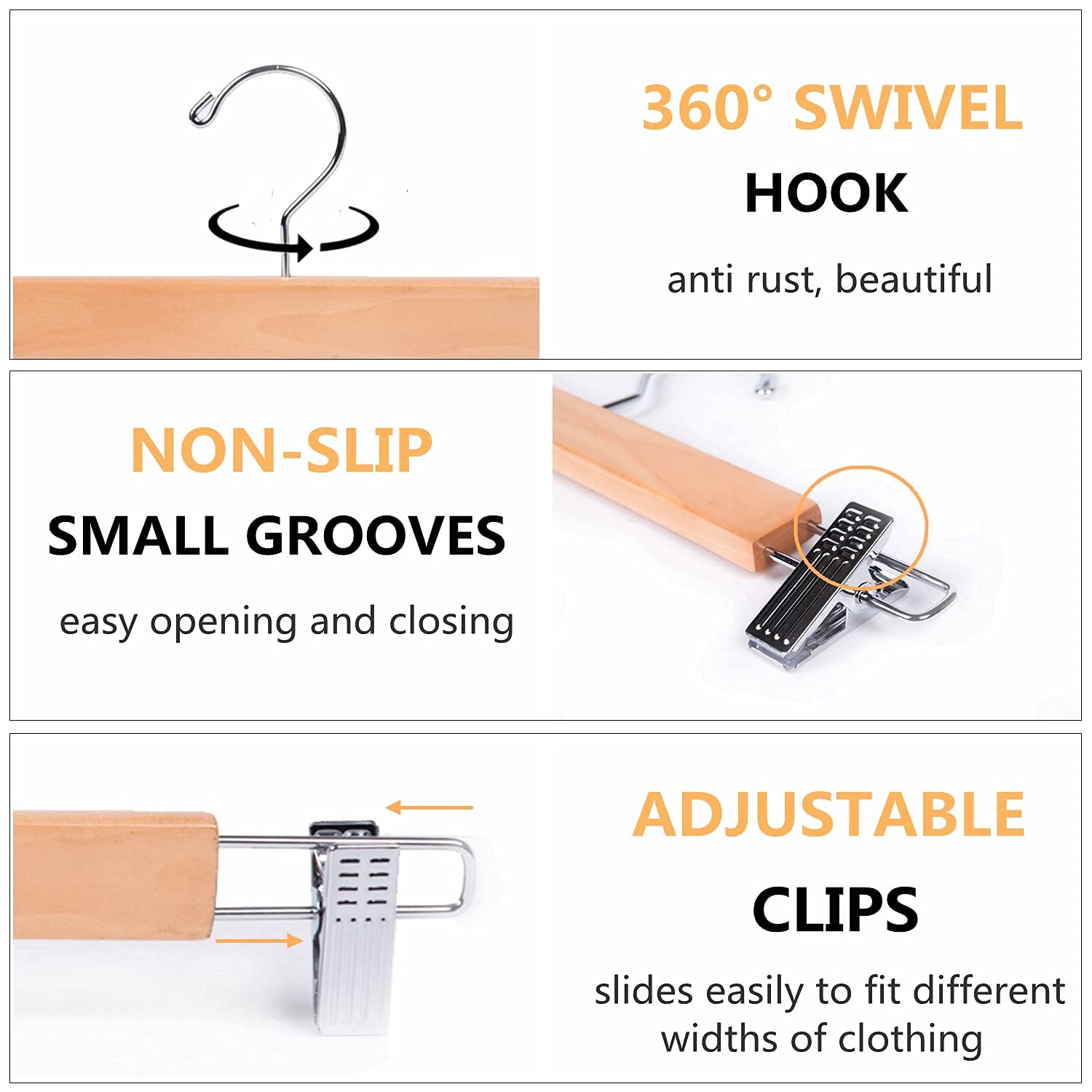 Amber Home 24 Pack Natural Wooden Pant Hangers with Adjustable Clips - 14.17