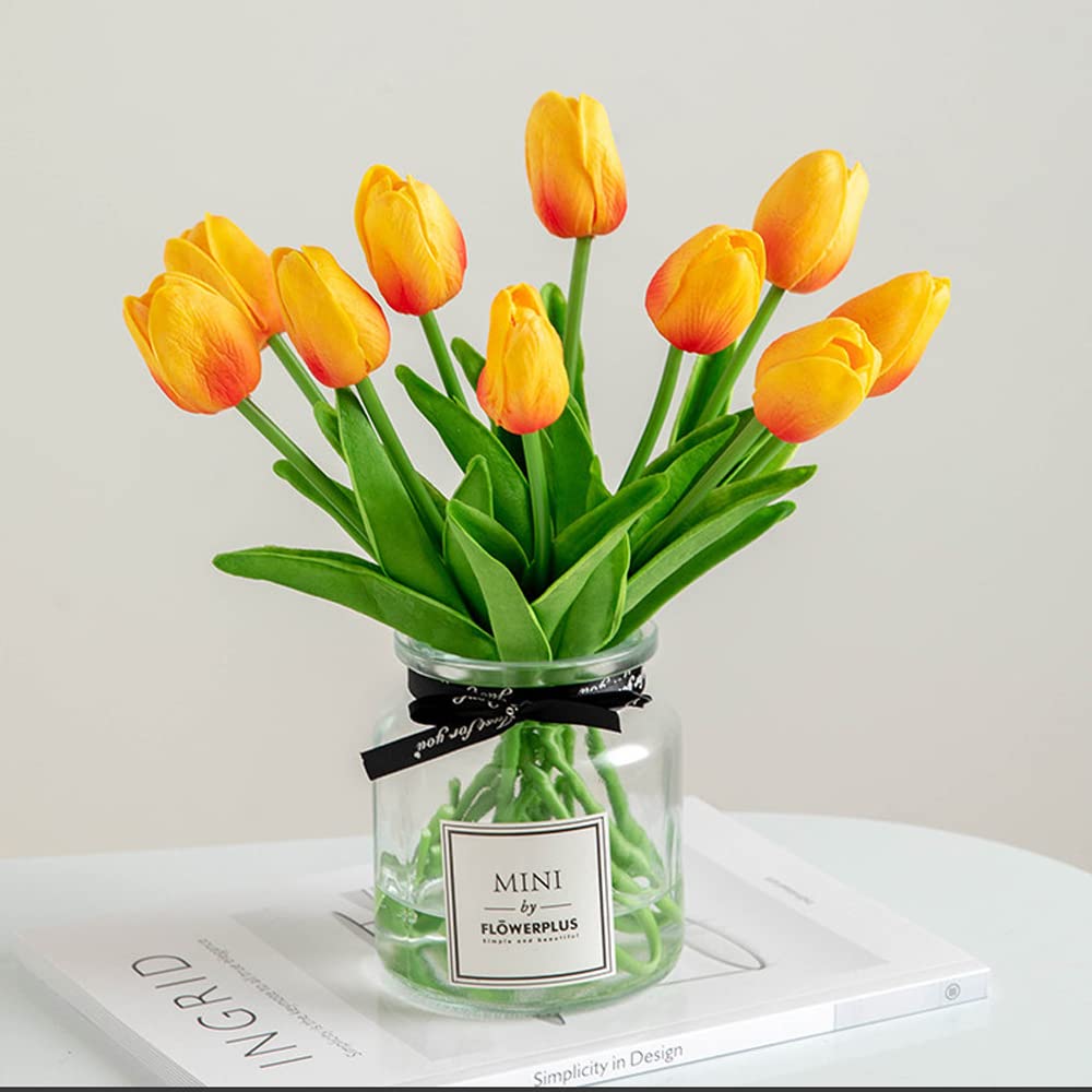30 Pcs Real Touch Artificial Tulip Flowers - Faux Latex Tulip Stems for Wedding, Party & Home Decor (Sunset Orange) | DIY Centerpieces, Table Arrangements, Bridal Bouquets