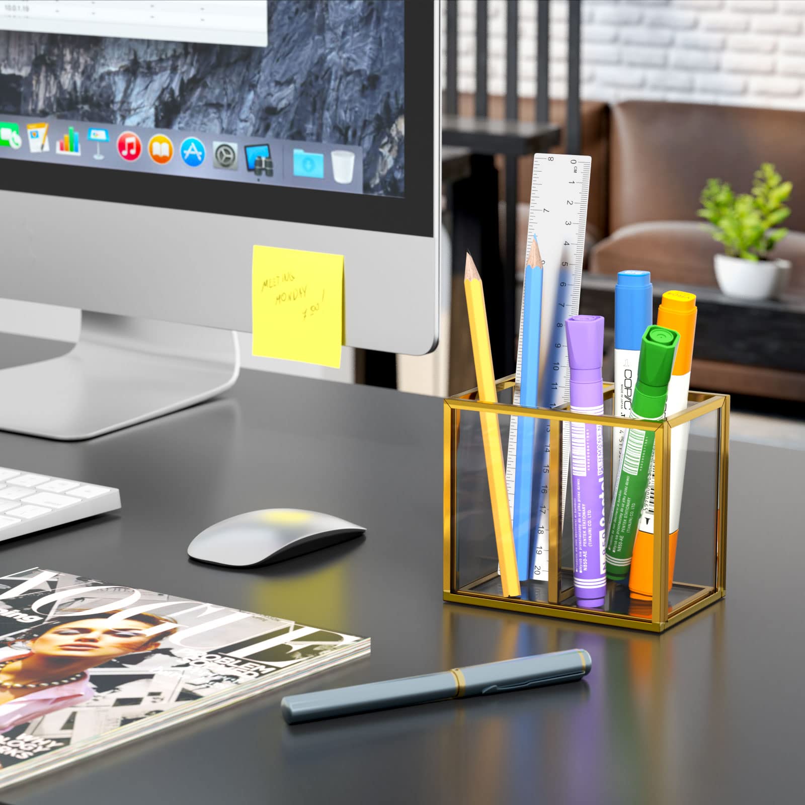 NIUBEE Clear Acrylic Pen Holder for Desk - 2 Compartment Gold Pencil Cup Organizer, Makeup Brush Holder & Office Desk Accessories | Perfect for Home Office, School, and Makeup Vanity Organization