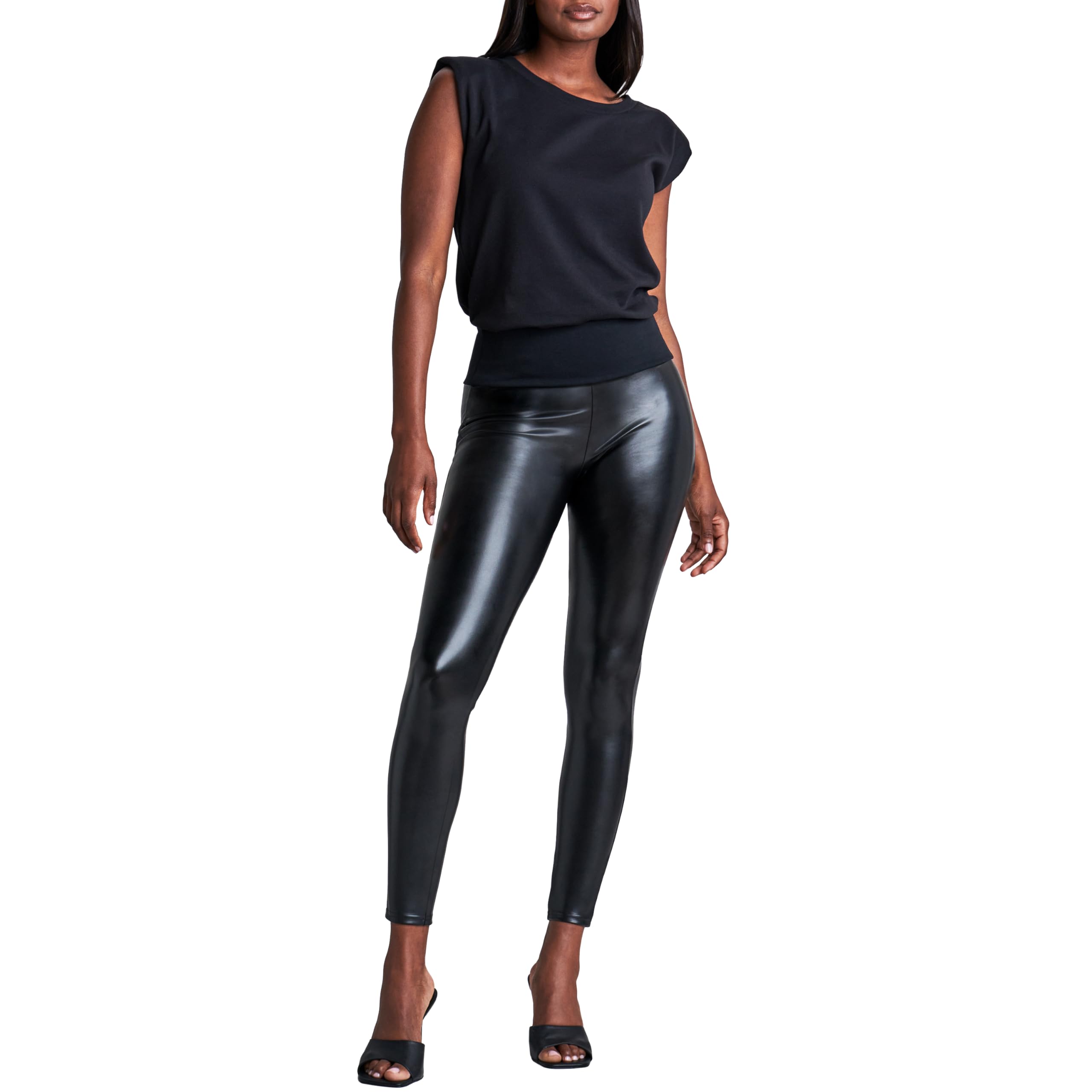 SPANX Assets Red Hot Leggings - Women's Faux Leather Shaping Leggings for Tummy Control & Slimming - High Waist Yoga Pants for Workout, Casual Wear & Night Out - Very Black, Medium