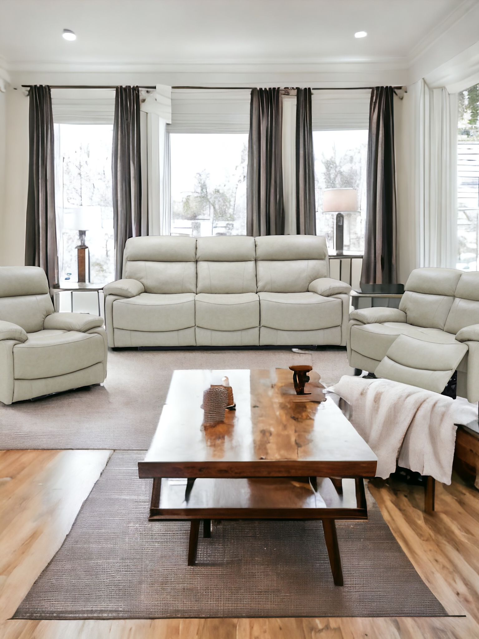 BonnyLynn 7609 Power Reclining Sofa Set with Loveseat and Chair - Taupe Microfiber Upholstery | Living Room Furniture for Home Theater & Family Relaxation