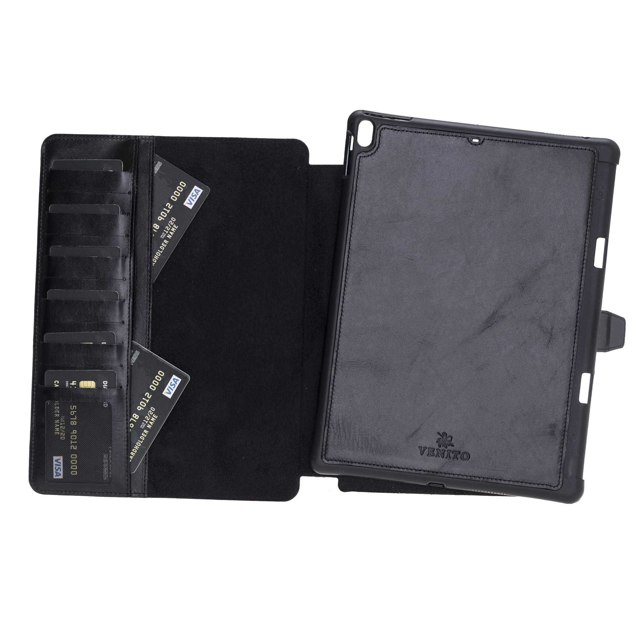 Venito Parma Genuine Leather iPad Case - Compatible with iPad Air 10.5 (3rd Gen 2019) & iPad Pro 10.5 (2nd Gen 2017) - Handmade Folio Stand Cover with Card Slots - Rustic Black - Perfect for Work, Travel & Daily Use