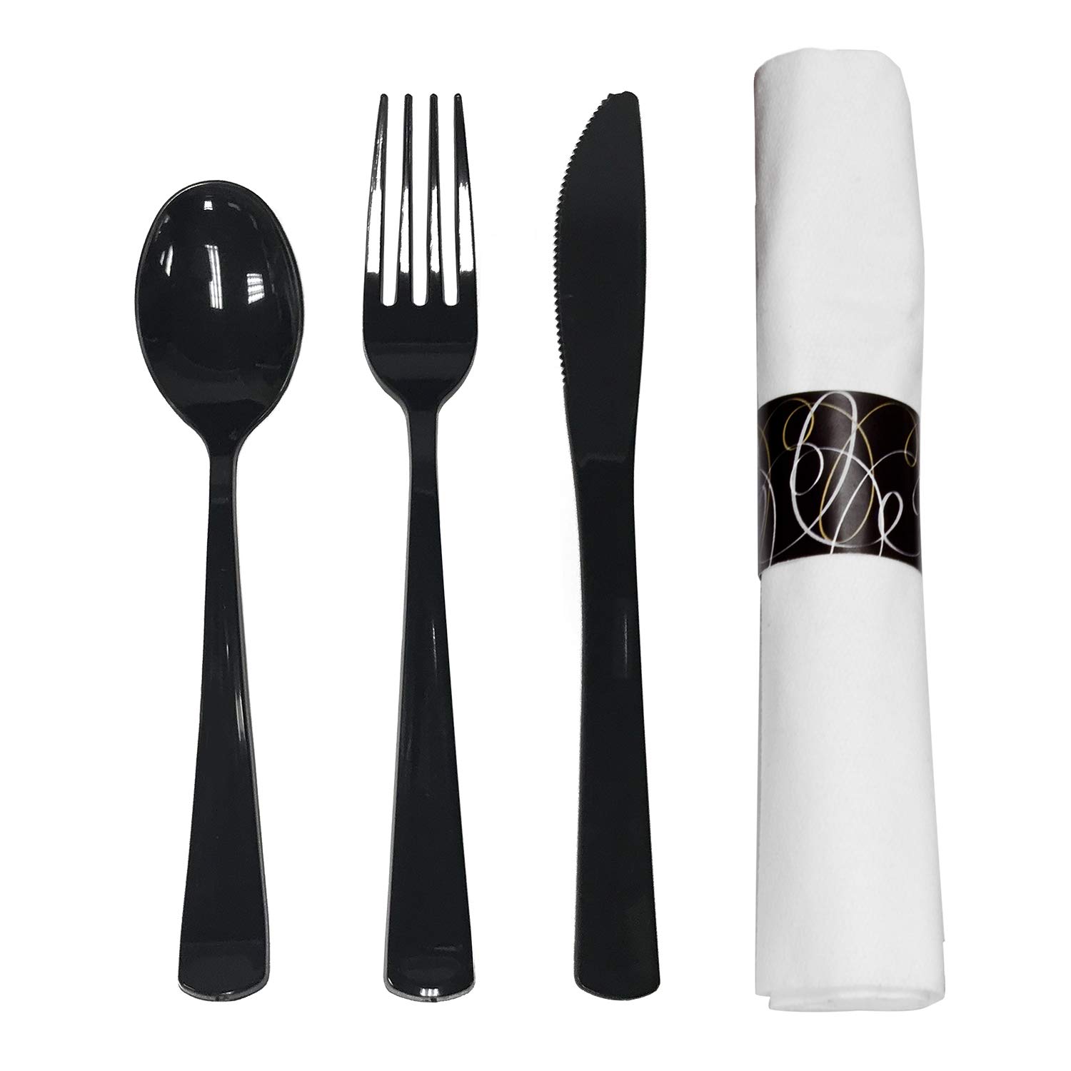 Premium Heavy Duty Cutlery Set - 300-Piece Black Forks/Knives/Spoons with 3-Ply White Napkins for Catering, Weddings & Large Events | Durable Disposable Silverware for Parties, BBQs & Banquets