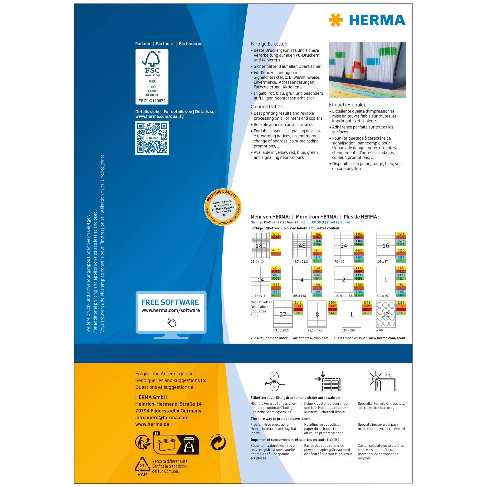 HERMA 4406 Self Adhesive Colored Labels - 2400 Blank Yellow Stickers (70x37mm), 24 Labels per A4 Sheet, 100 Sheets - Compatible with Laser & Inkjet Printers - Perfect for Office Organization, Shipping Labels & Product Packaging