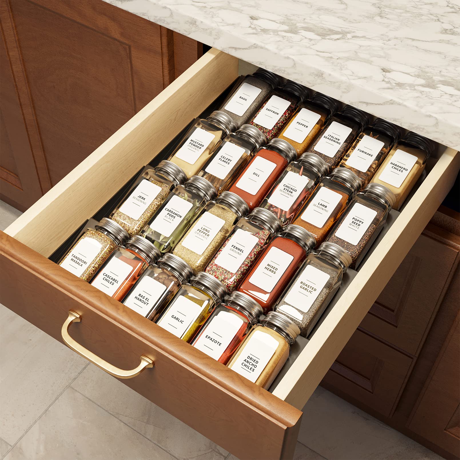 SpaceAid 4-Tier Spice Drawer Organizer with 24 Spice Jars & 378 White Minimalist Labels - 11.25