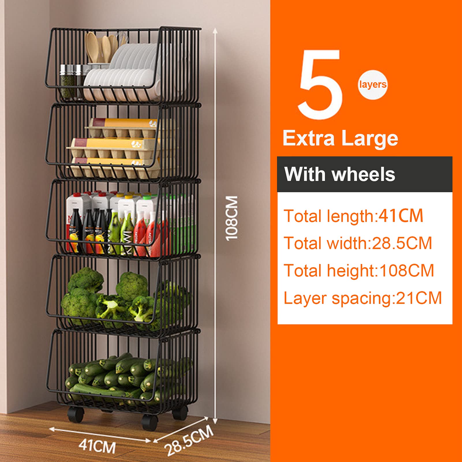 5-Tier Wire Hanging Fruit Basket - XL Black Kitchen Storage Organizer for Fruits, Vegetables & Pantry Items | Space-Saving Produce Rack for Countertop, Garden Harvest & Home Organization