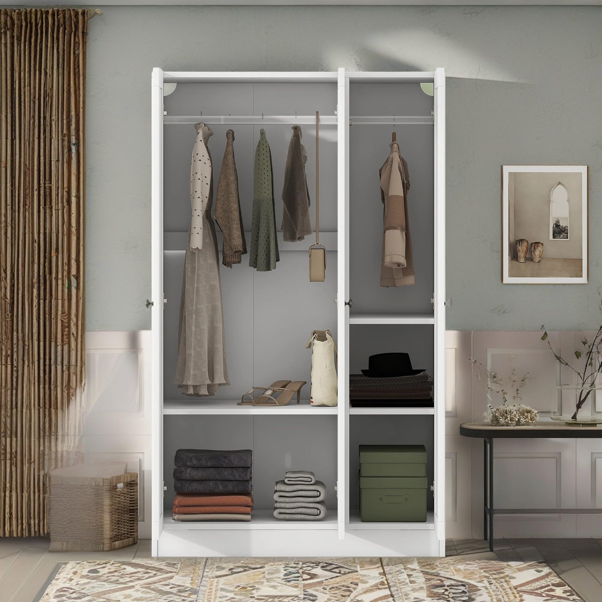 **KELRIA Modern 3-Door Armoire Wardrobe with Shelves & Hanging Rod - Large Freestanding Storage Closet, Wooden Clothes Organizer Cabinet for Bedroom, Guest Room, White - Perfect for Home Organization & Space Saving**
