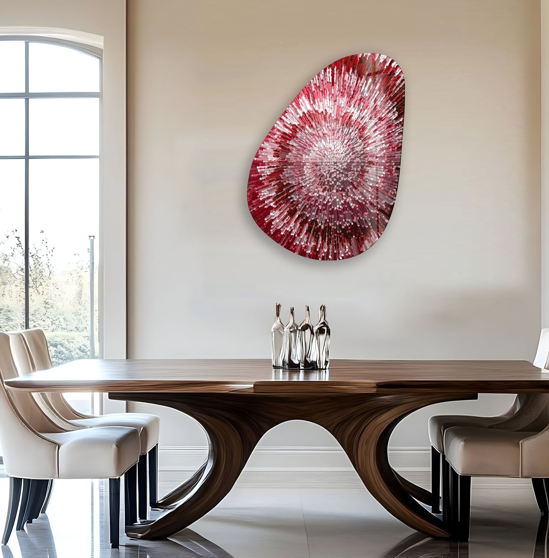 Abstract Red Asymmetrical Oval Glass Wall Art - Modern Home Decor for Living Room, Bedroom & Office