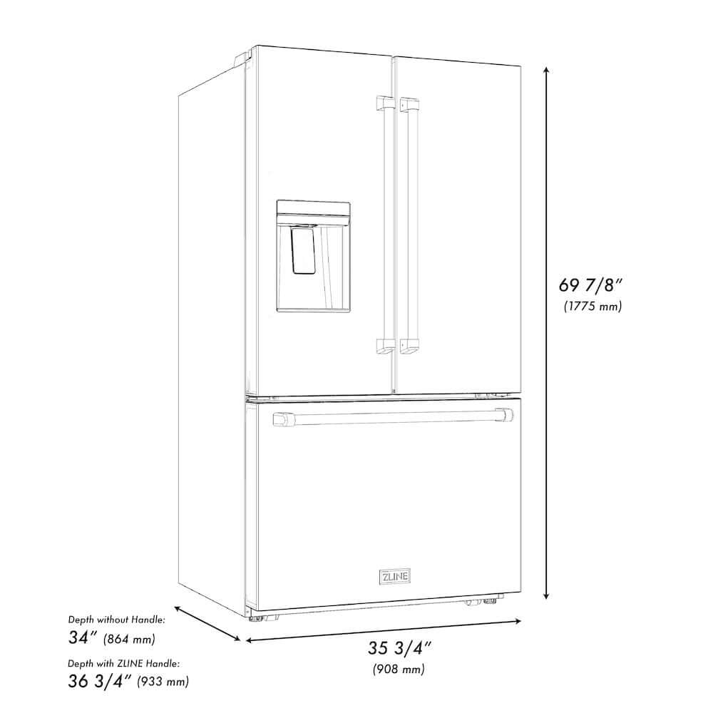 ZLINE Autograph Edition 36 Inch French Door Refrigerator with External Water Dispenser & Dual Ice Maker - 28.9 cu.ft Capacity, Fingerprint Resistant Stainless Steel & Matte Black Handles (RSMZ W 36 MB) - Perfect for Modern Kitchens, Entertaining & Large Family Storage