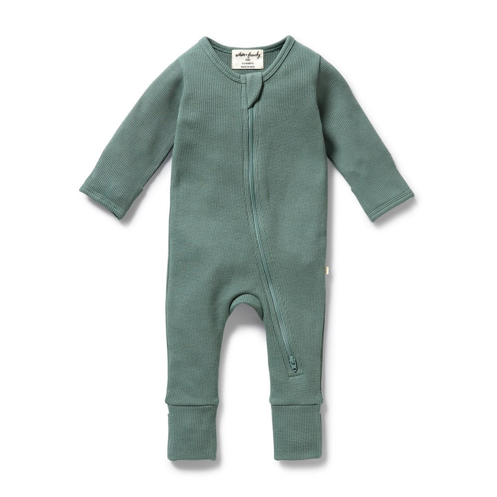 Organic Pine Green Waffle Zipsuit for Babies - Soft & Comfortable One-Piece Pajama for Newborns & Toddlers - Perfect for Sleepwear, Playtime & Photo Shoots