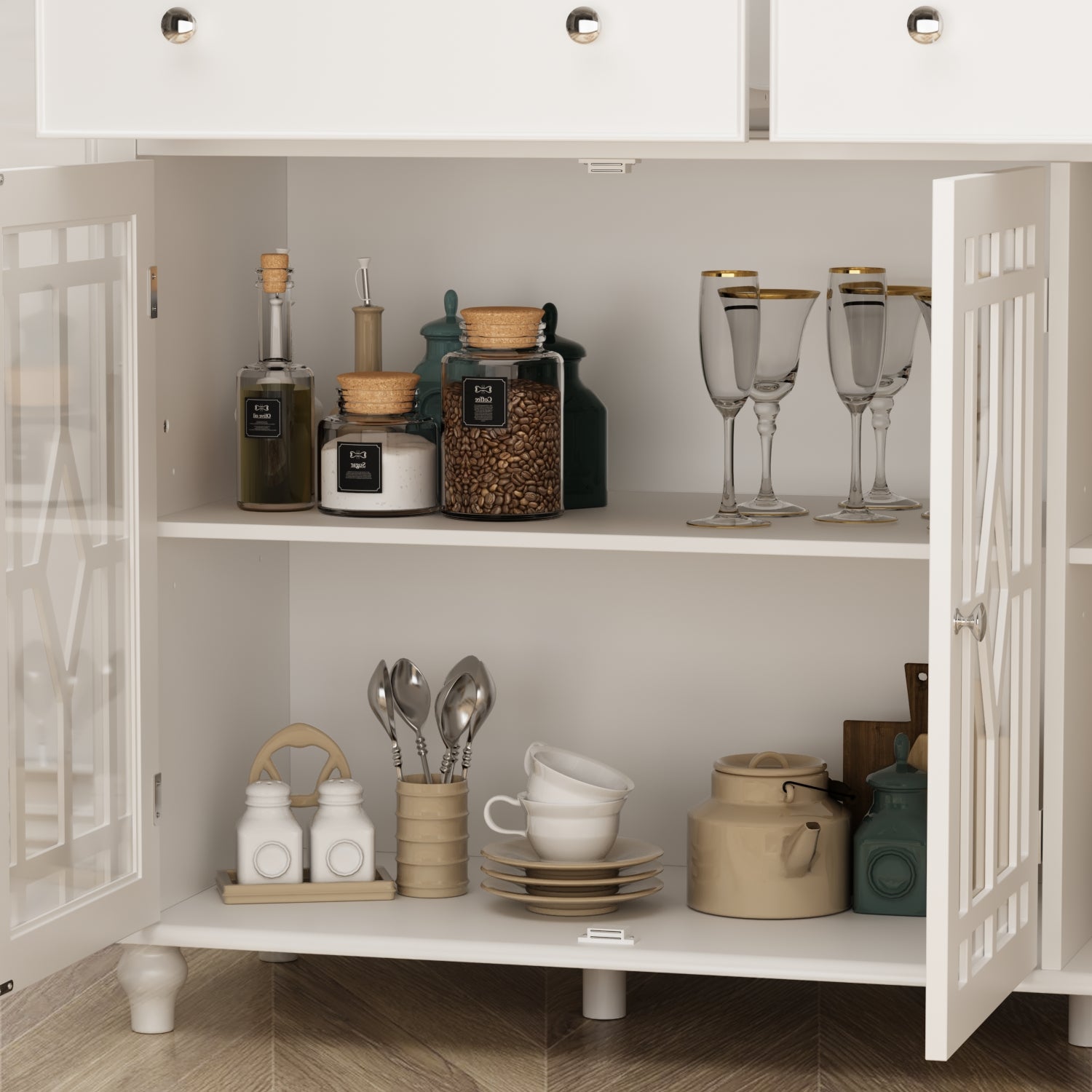 White Buffet Cabinet with Glass Doors - Stylish Storage Sideboard Organizer for Dining Room, Kitchen, or Living Room - Perfect for Displaying China, Linens & Home Decor