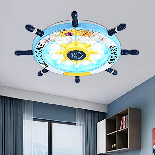 Modern Nautical LED Ceiling Light with Wood Shade - 8 Bulb Flush Mount Lighting Fixture for Boys Room, Kids Bedroom & Kindergarten - Sky Blue - Perfect for Coastal, Nautical or Children's Themed Decor