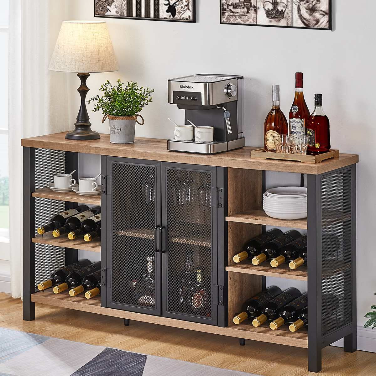 FATORRI 55 Inch Industrial Wine Bar Cabinet - Rustic Oak Wood Liquor Storage with Metal Sideboard, Wine Rack & Glass Holder | Farmhouse Coffee Bar Cabinet for Kitchen, Dining Room & Home Bar Decor