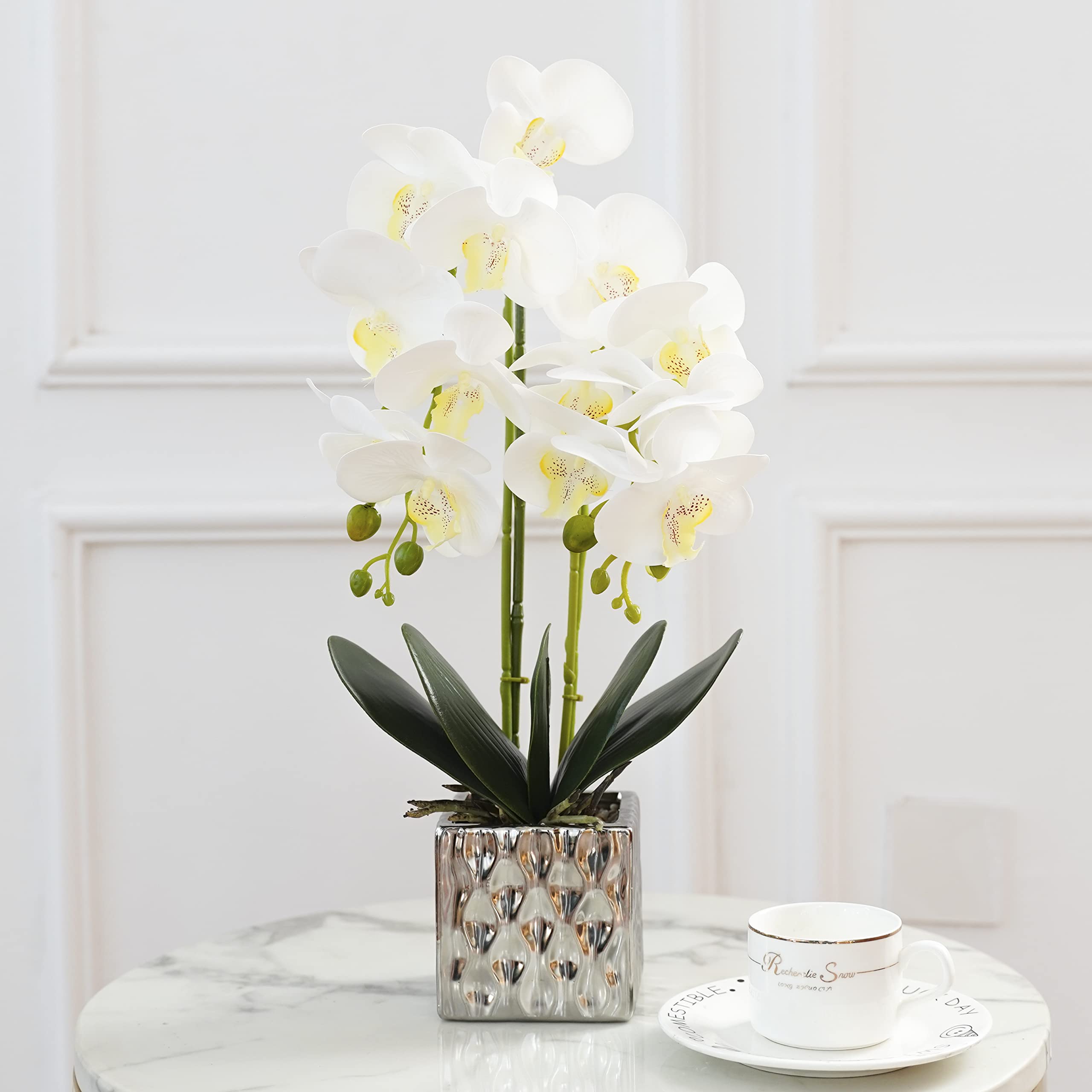 Artificial Orchids in Silver Vases - Elegant Fake Flower Arrangement for Home Decor (White) | Perfect for Living Room, Wedding Centerpiece & Office Decoration