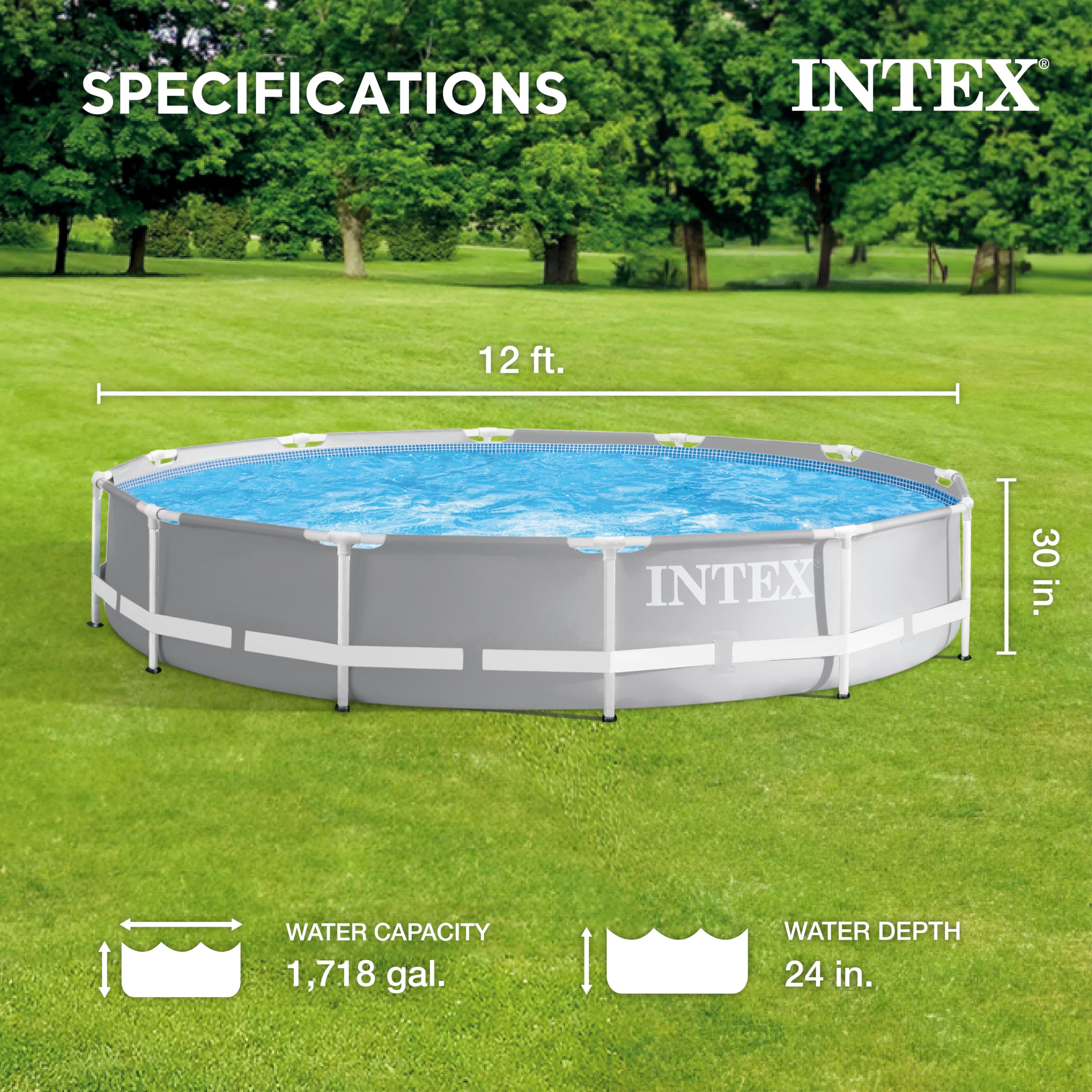 Intex 26710EH Prism Frame Premium 12ft x 30in Above Ground Swimming Pool – SuperTough Puncture & Rust Resistant – Easy Assembly – 1718 Gallon Capacity – Perfect for Backyard, Family Fun & Summer Parties