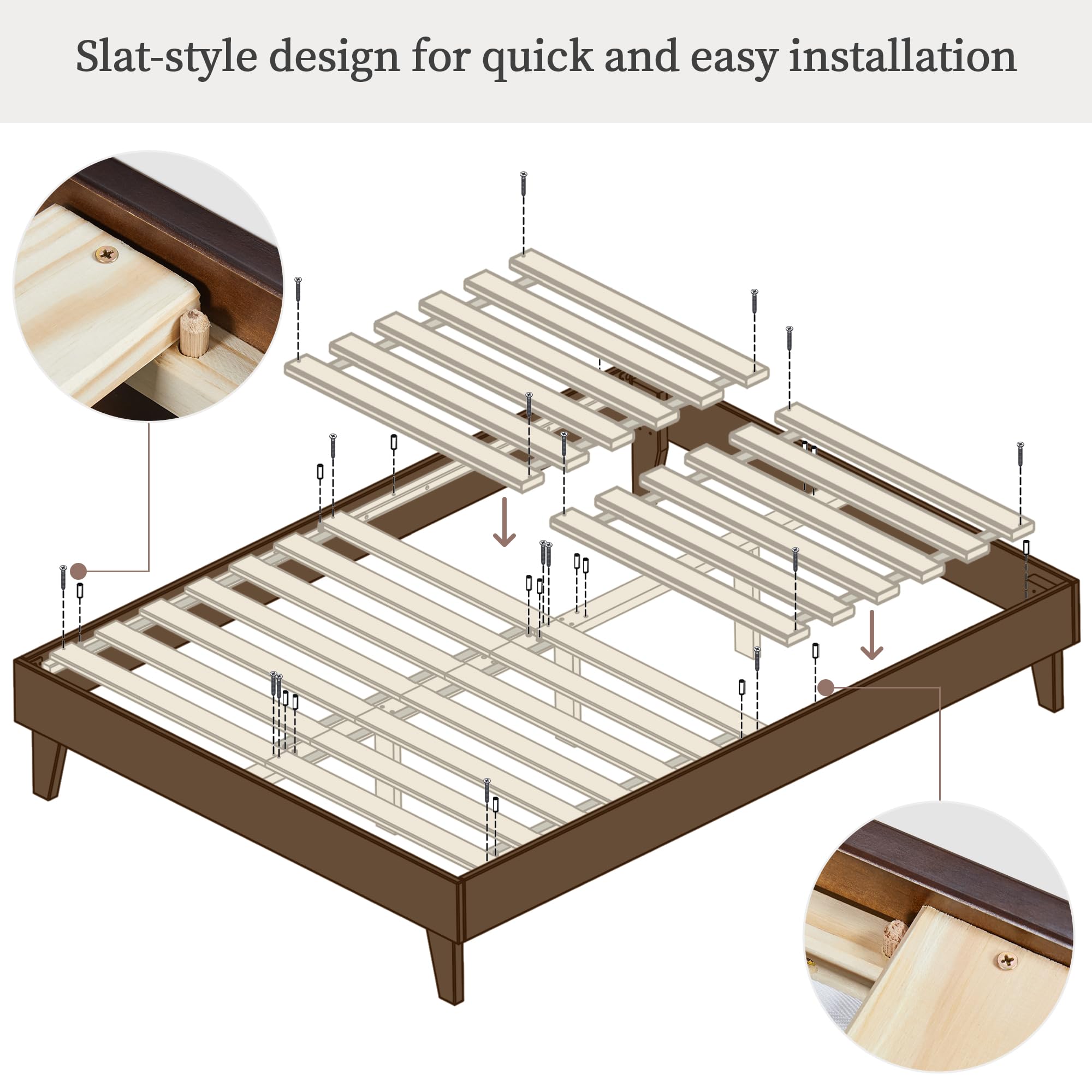 Yaheetech Queen Size Solid Pine Wood Platform Bed Frame with Wooden Slats - Headboard Compatible, 7.5