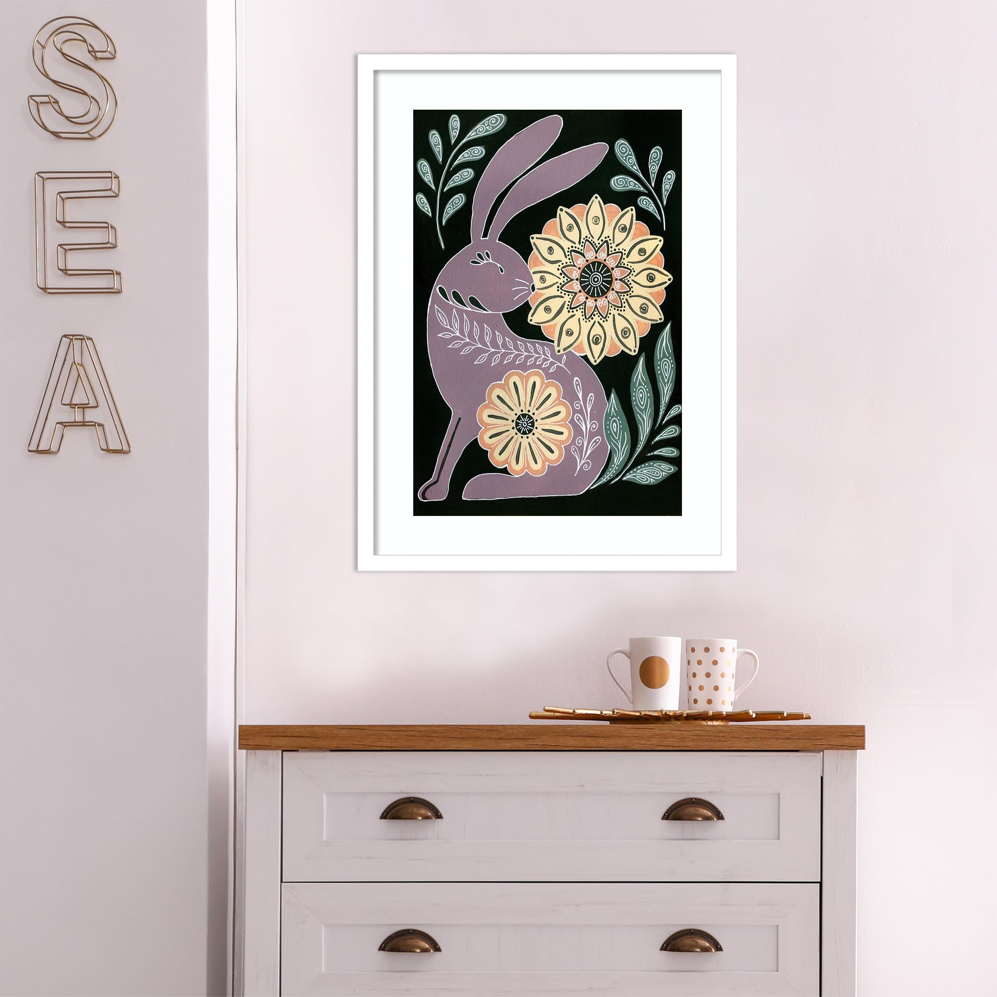 Amanti Art Framed Wall Art Print - 25x19 Nordic Folk Bunny Painting by Yvette St. Amant | Whimsical Animal Wall Decor for Living Room, Bedroom, Office | Perfect for Nursery, Bathroom & Kitchen Decor