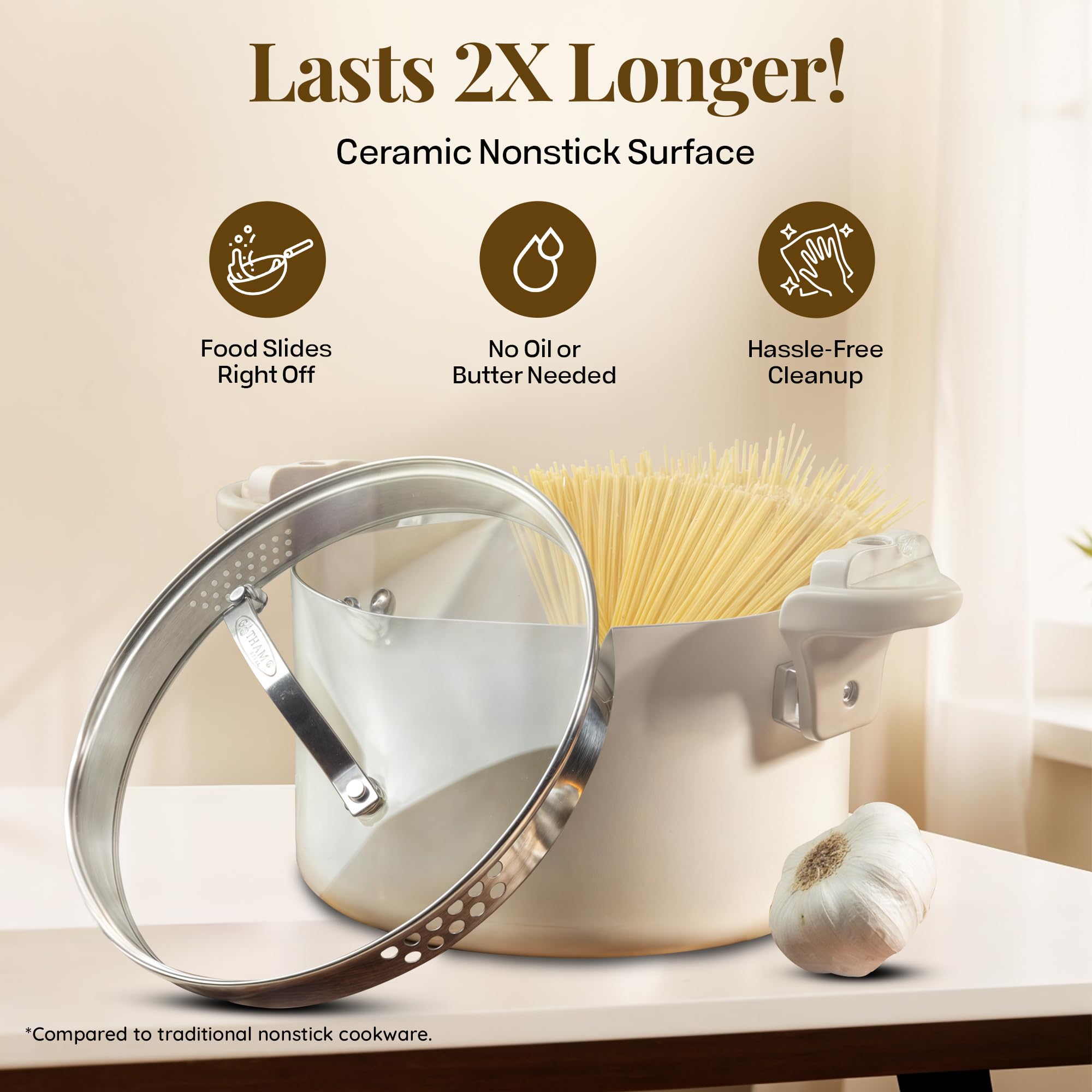 GOTHAM STEEL 5 Quart Ceramic Nonstick Stock Pot with Strainer Lid & Locking Handles - Multipurpose Pasta, Soup, Rice Cooker - Dishwasher Safe Kitchen Cookware (Cream) - Perfect for Family Dinners, Meal Prep & Entertaining