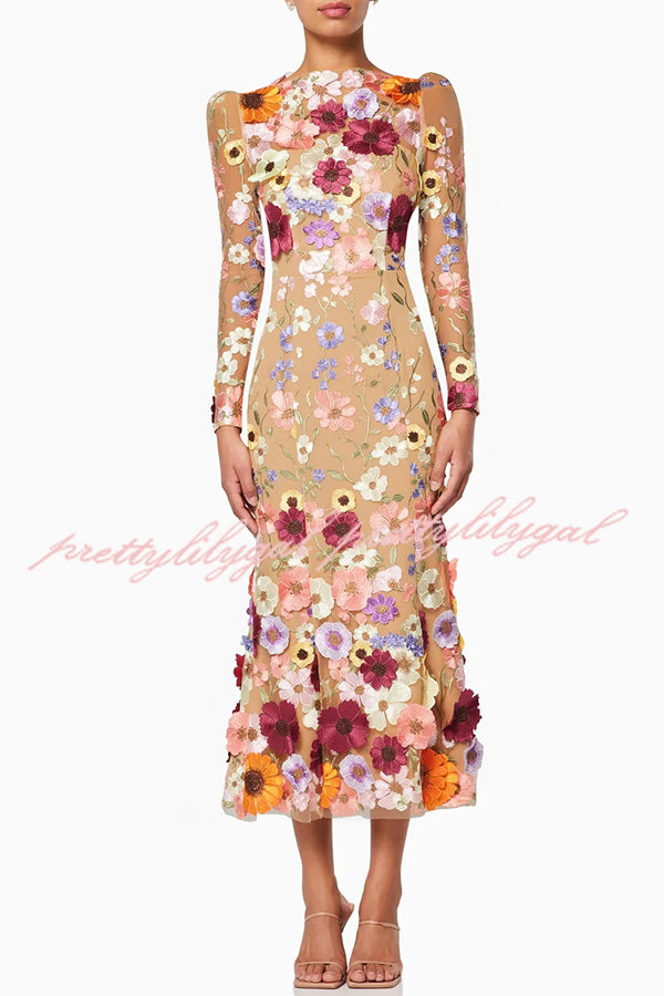 Elegant Embroidered Floral Applique Long Sleeve Mermaid Tail Midi Dress for Women - Perfect for Weddings, Parties & Special Occasions