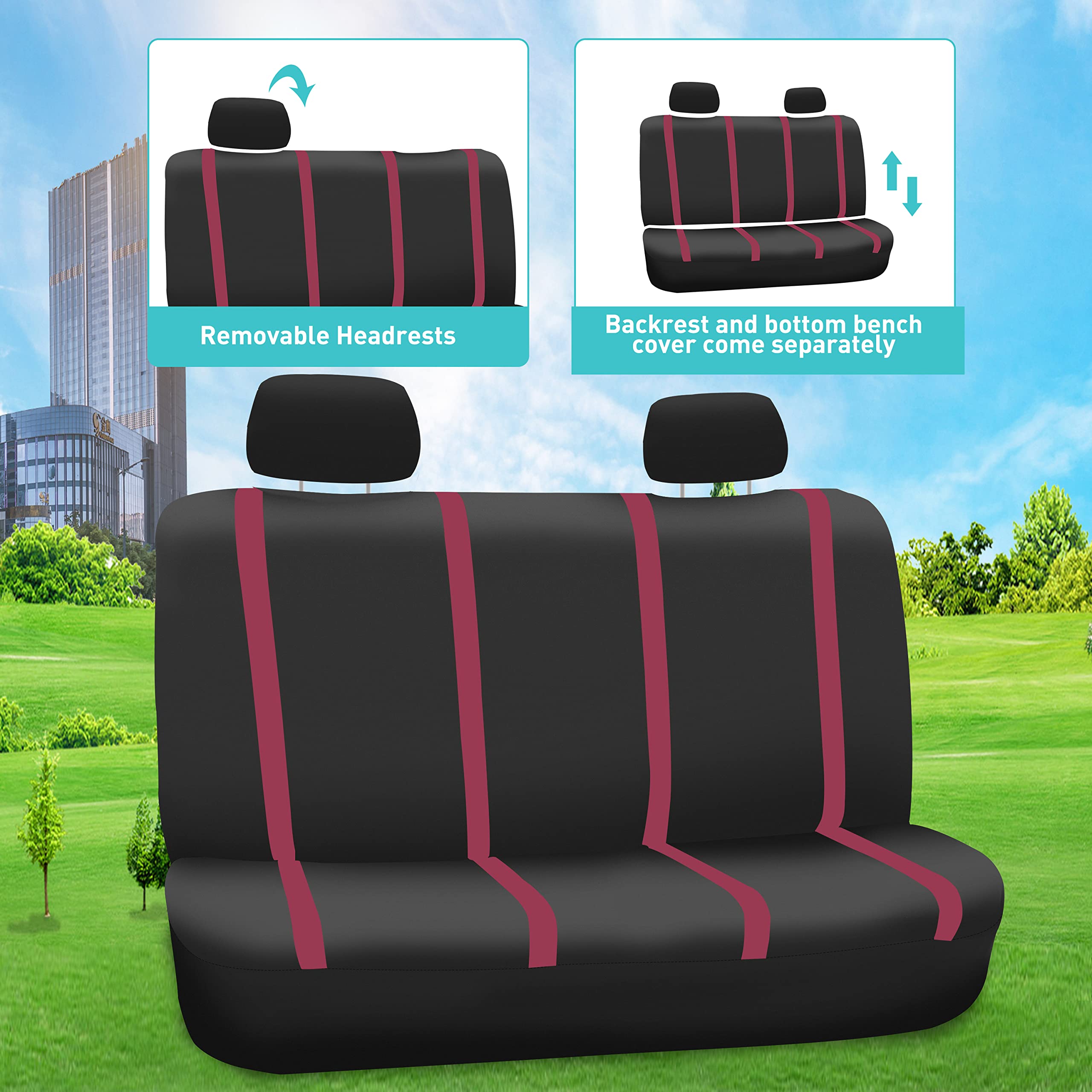 Premium FH Group Car Seat Covers - Universal Fit Flat Cloth Full Set (Front & Rear Bench) - Burgundy & Black Automotive Seat Protectors for Cars, Trucks & SUVs | Perfect for Daily Commute, Road Trips & Family Protection