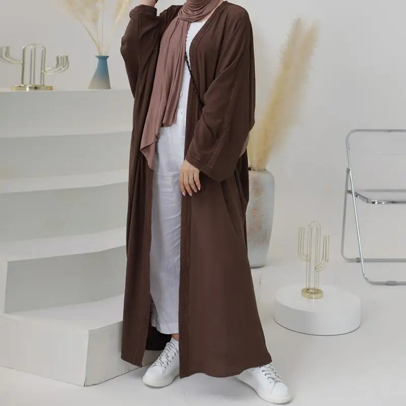 Elegant Embroidered Lace Cardigan Open Abaya Dress for Muslim Women - Modest Islamic Fashion for Prayer, Wedding & Special Occasions